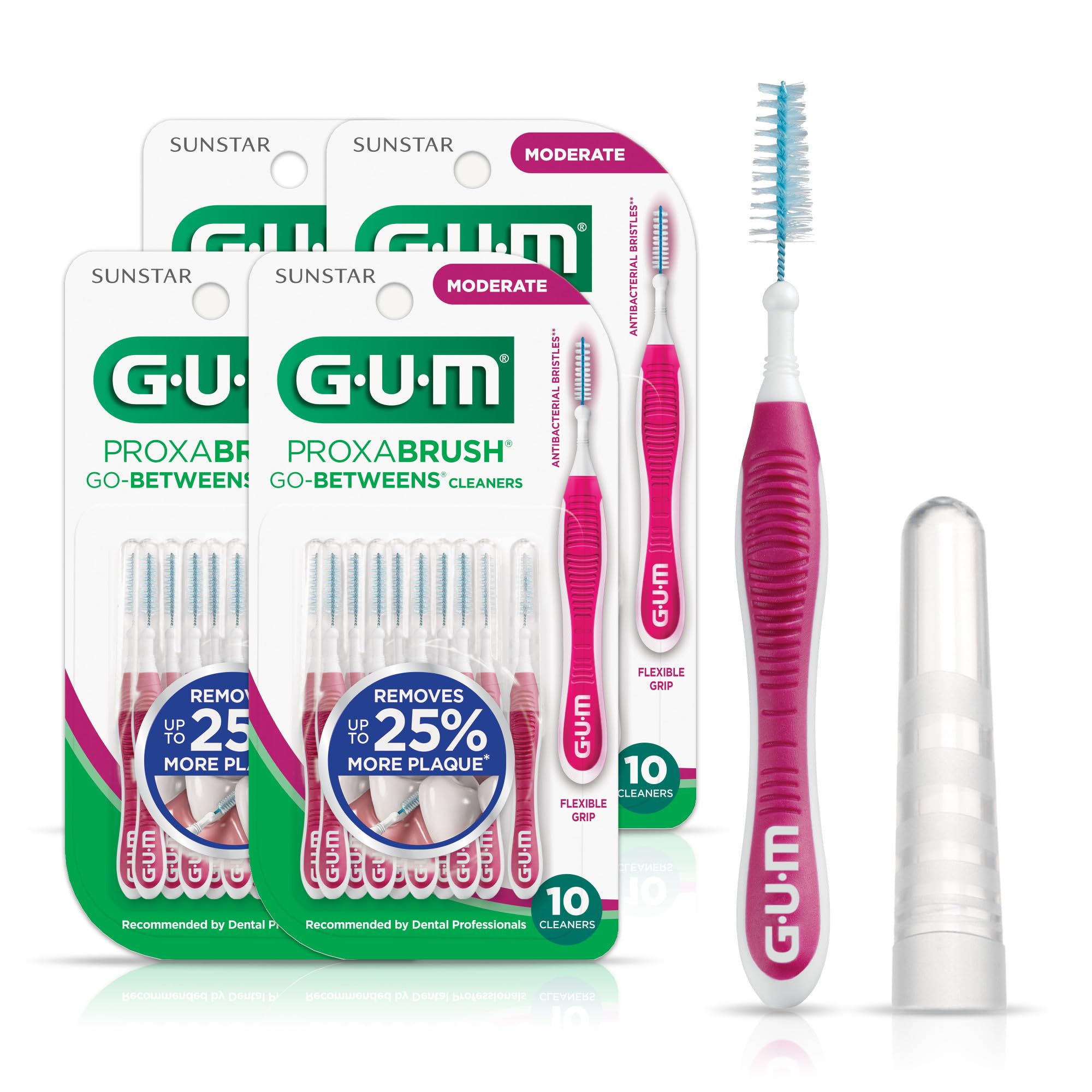 GUM Proxabrush Go-Betweens - متوسطة - فرشاة ما بين الأسنان - أسنان ذات شعيرات ناعمة لإزالة البلاك - آمنة لتقويم الأسنان وأجهزة الأسنان، عبوة من 10 (4 عبوات)