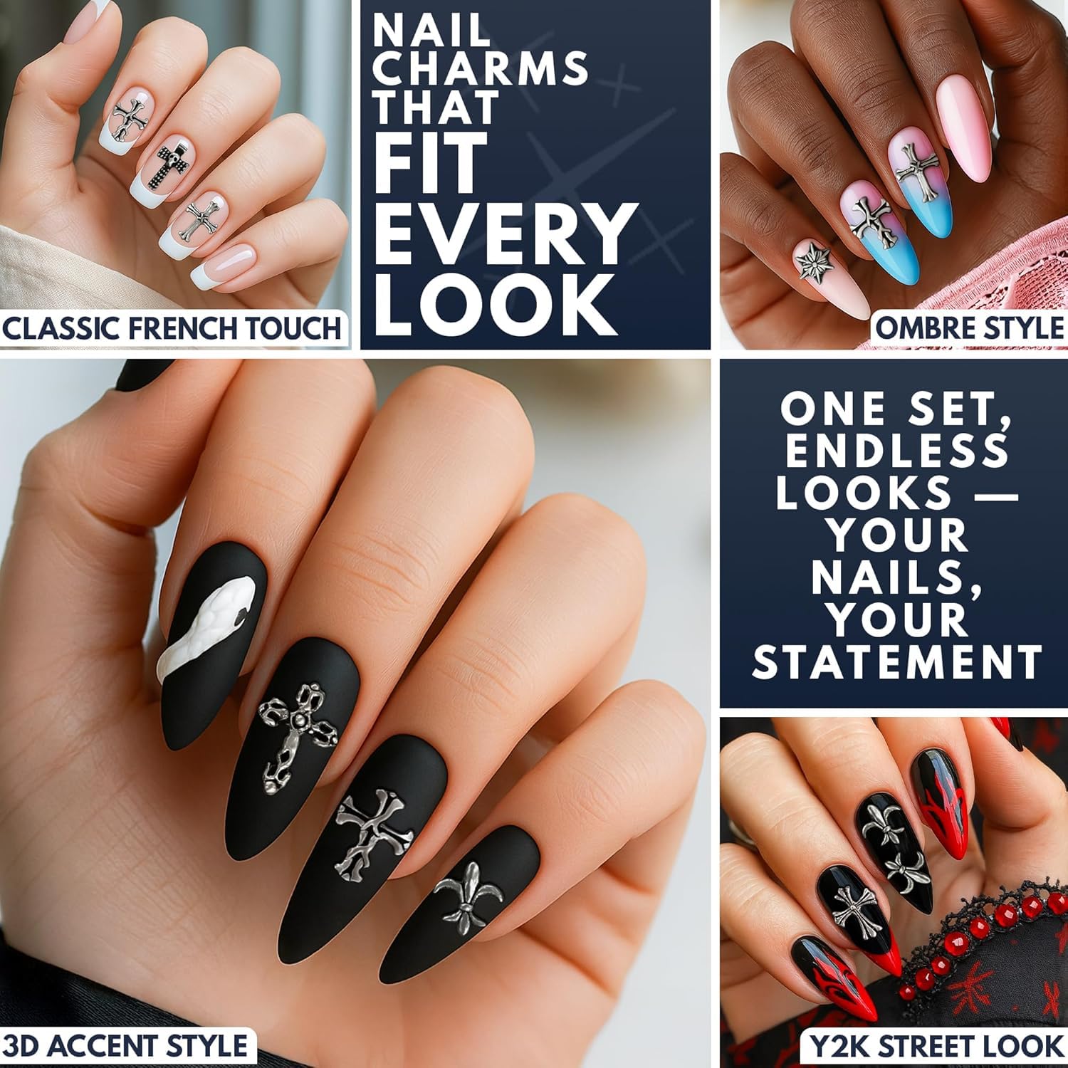 100 Pcs Silver Cross Nail Charms and Gems – 3D Acrylic Cross Charms for Nails for DIY & Professional Manicure – Easy-to-Apply & Durable Nail Decorations, Versatile for Y2K & Nail Studs