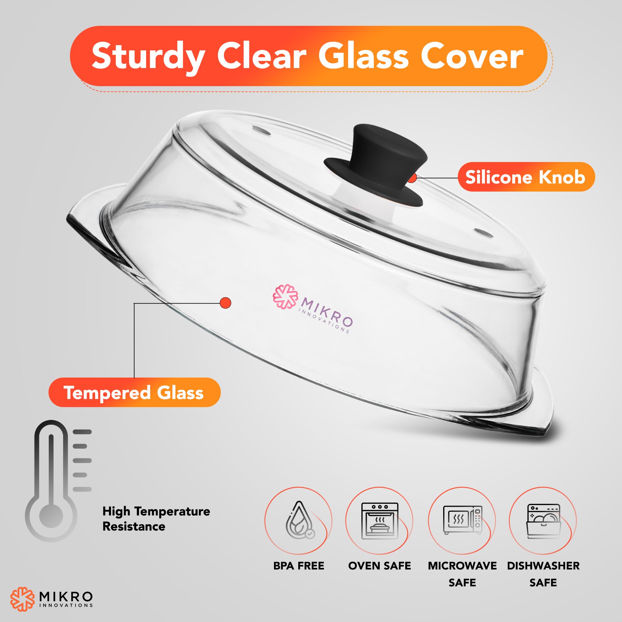 Tall Glass Microwave splatter cover | Sturdy clear 100% food safe BPA free glass lid with easy grip silicone handle | Heavy-duty glass for longer life, Dishwasher safe for easy cleaning - 10.5in