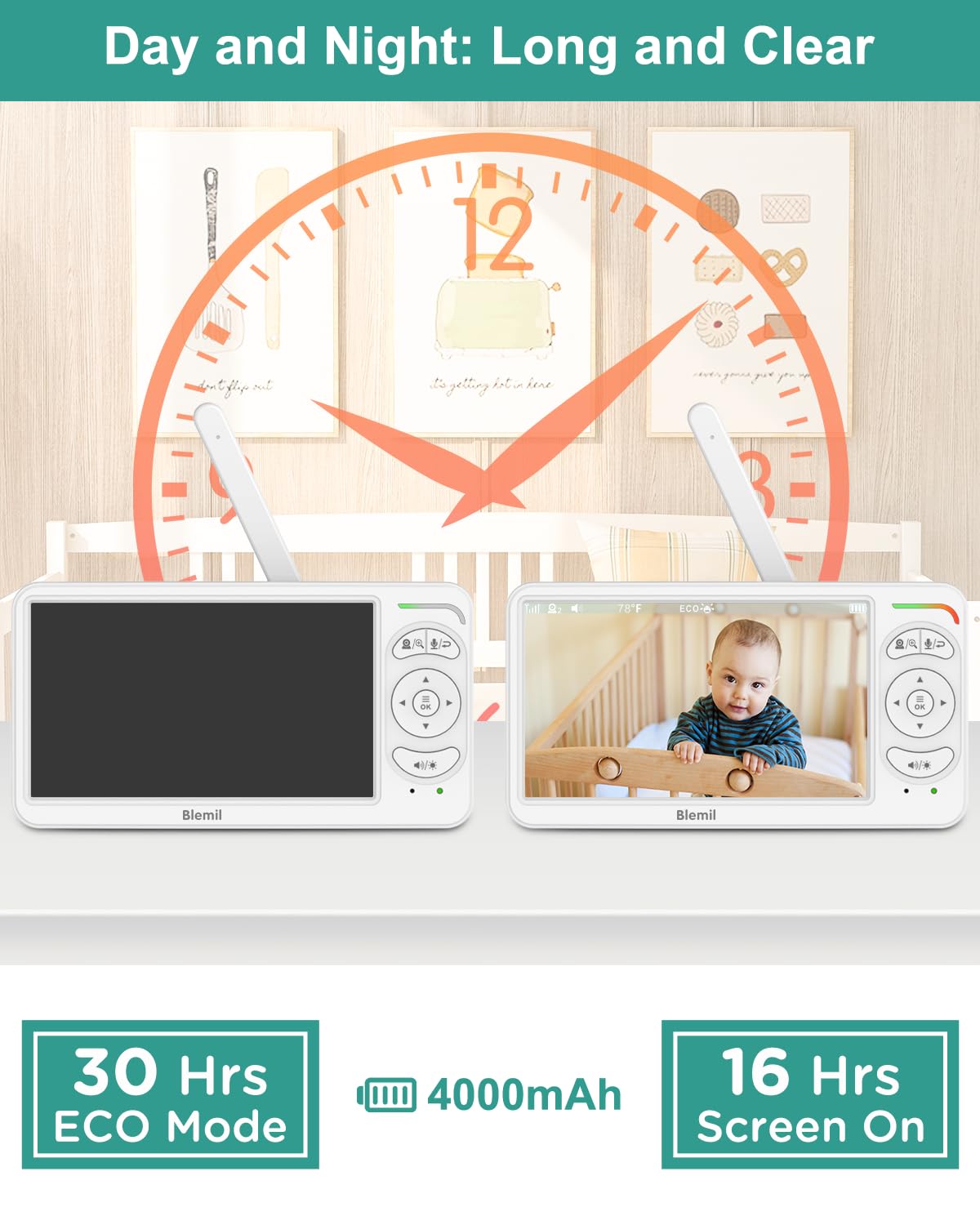 Blemil 6" Baby Monitor with 2 Cameras 4000mAh Battery Upgrade Split Screen Video Baby Monitor No WiFi Remote Pan-Tilt-Zoom Auto-Night Vision 150 Languages ECO Mode 2-Way Talk 1000FT (Ideal Condition)