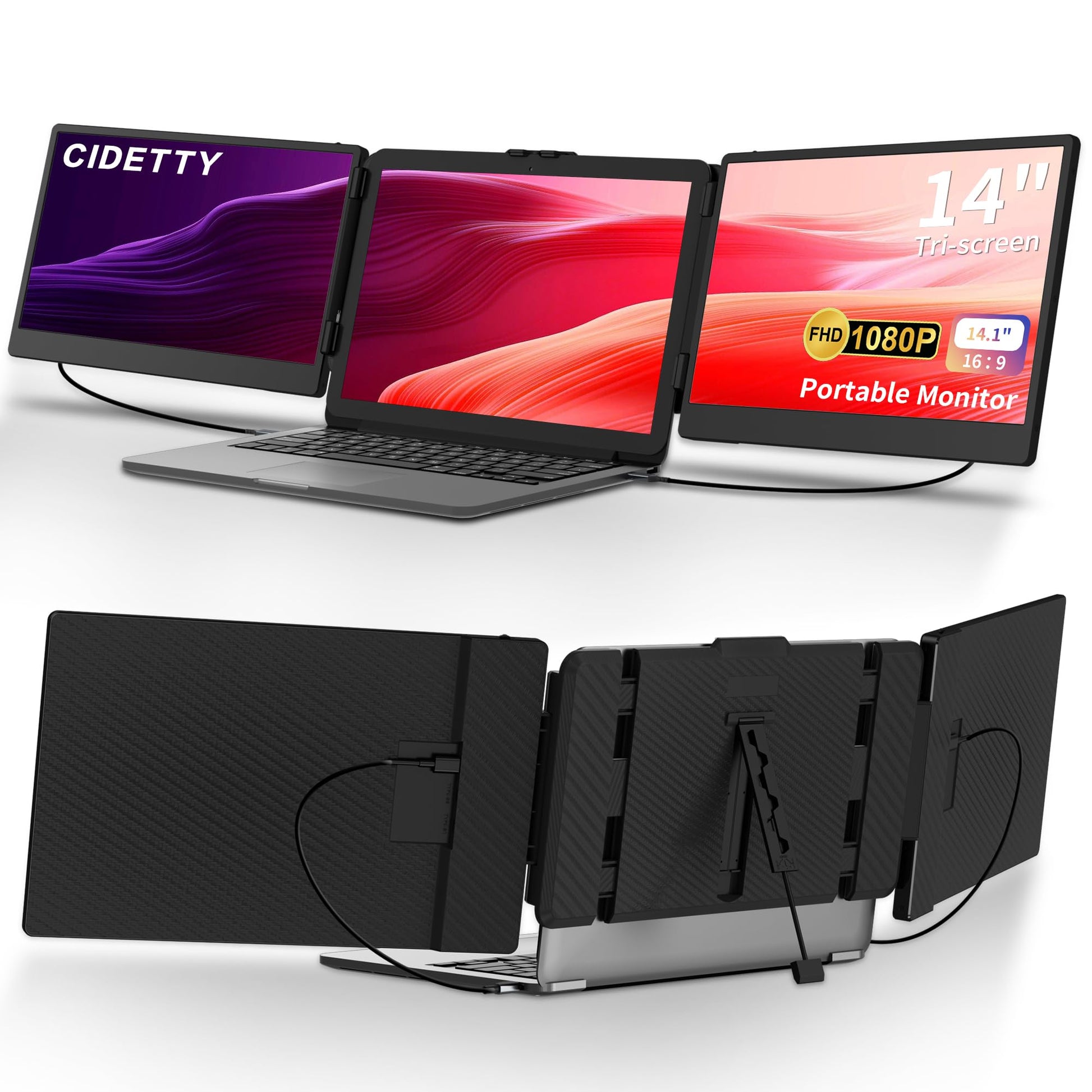 CIDETTY Laptop Screen Extender, 14'' FHD 1080P IPS Ultra-Thin Dual/Triple Monitor Display, HDMI/USB-C Plug-Play Portable Monitor for Laptop, Built-in Speakers(Mac, Win, Android)