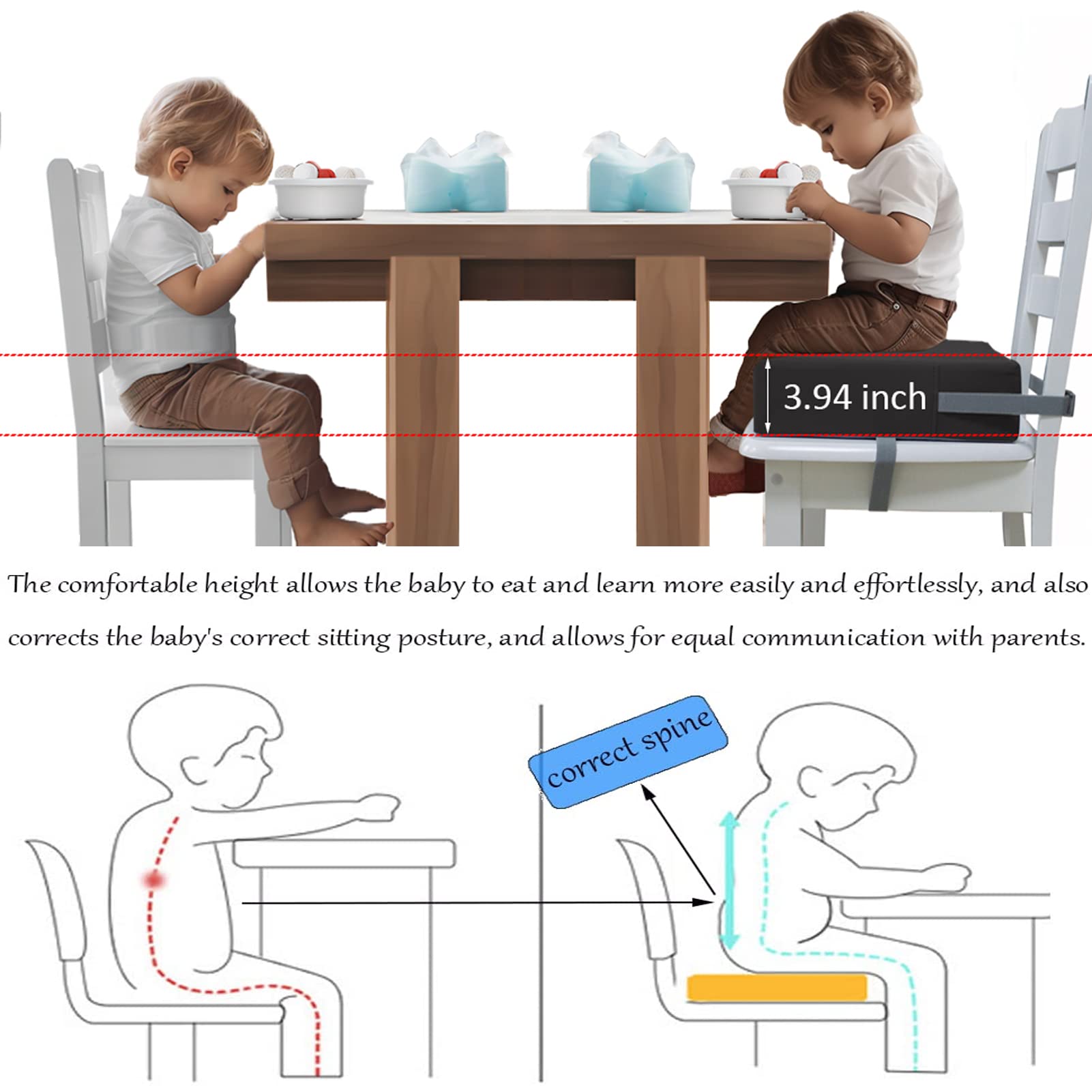 Eiury Booster Seat for Dining Table, PU Anti-Scratch Easy Cleaning Kids Toddler Booster Seat for Table, Portable Increasing Booster Cushion with Non-Slip Bottom and Adjustable Elasticity Straps