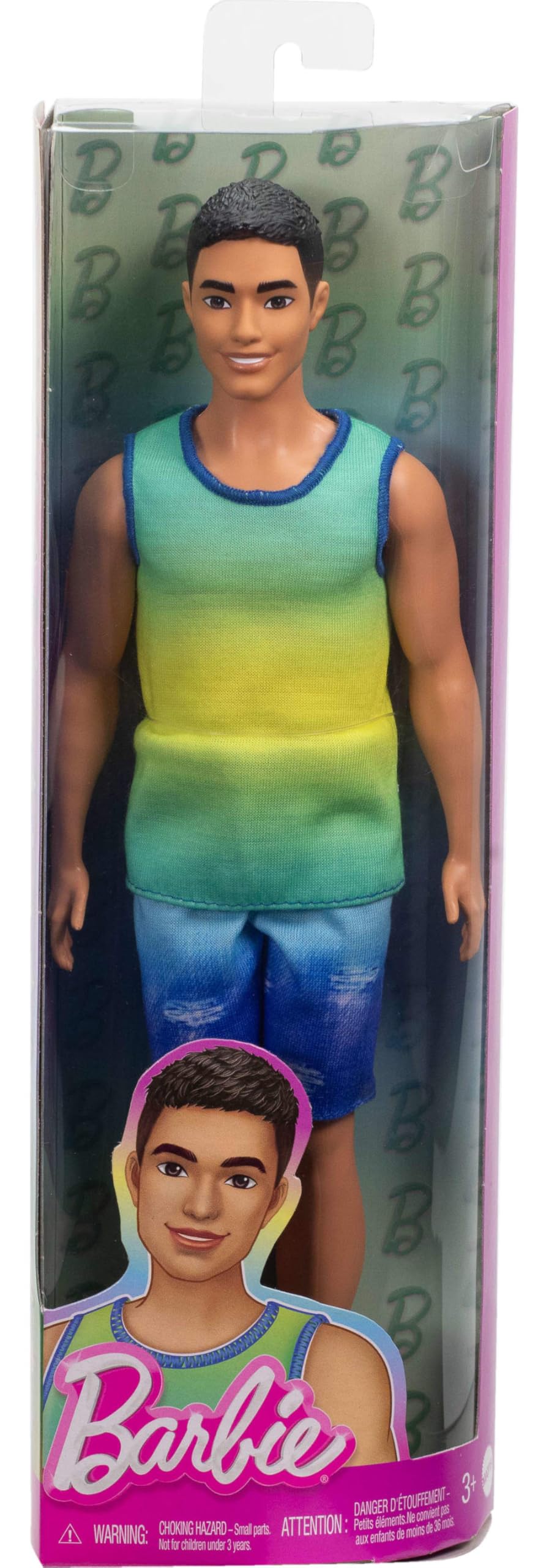 Barbie Fashionistas Ken Doll #236 with Black Hair, Wearing Blue and Green Ombre Tank with Jean Shorts and Silver Sneakers