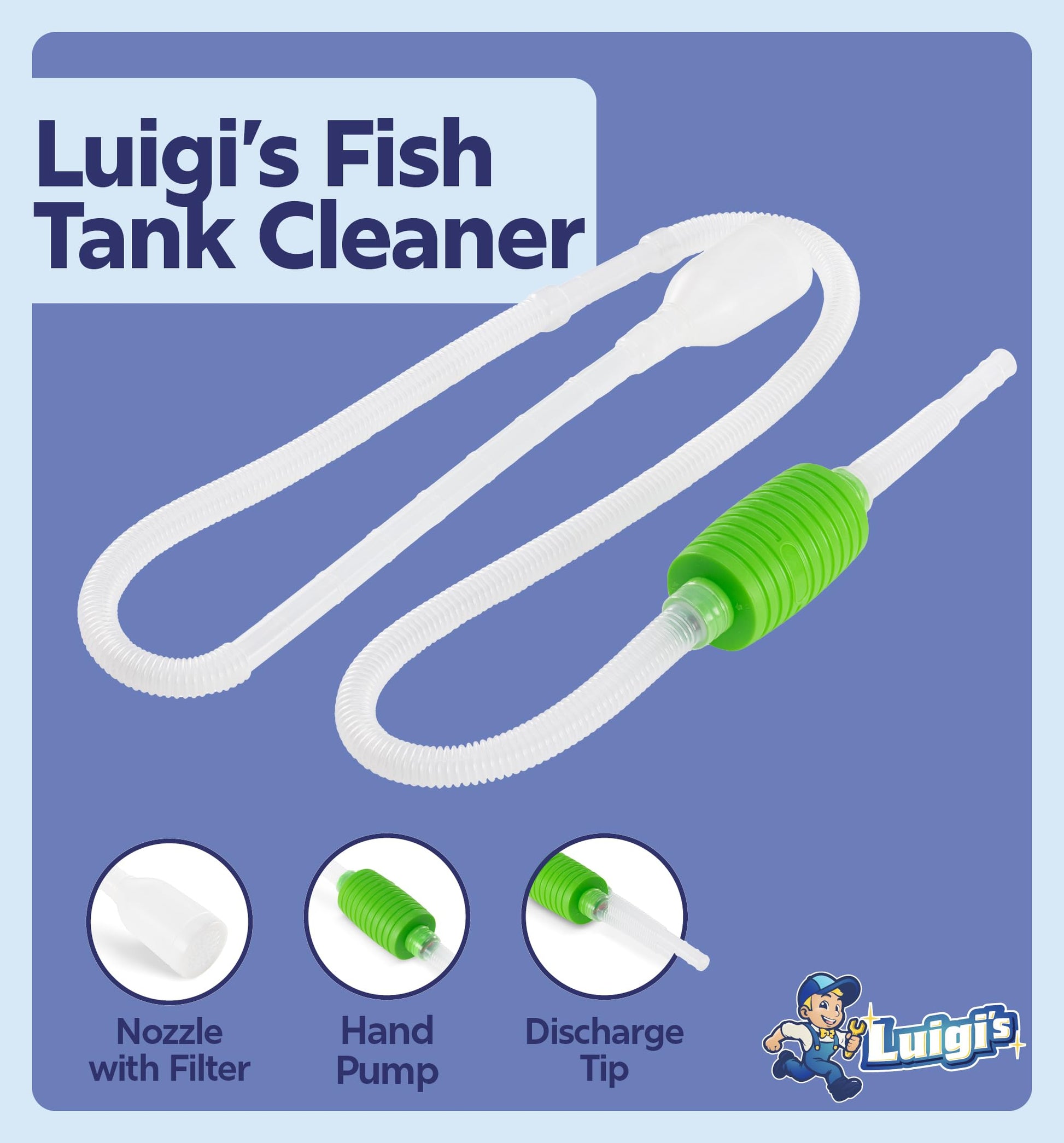 Luigi's Fish Tank Cleaner - Turtle Tank Accessories - Gravel Vacuum for Aquarium - Hand Siphon Hose to Remove and Change Water or Sand in Minutes - Aquarium Cleaning Tools
