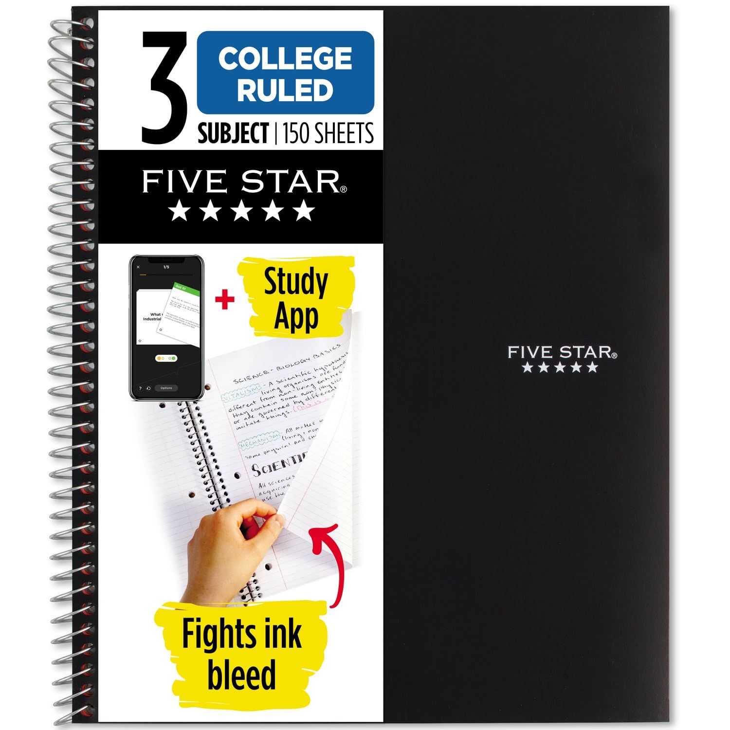 Five Star Spiral Notebook + Study App, 3 Subject, College Ruled Paper, Fights Ink Bleed, Water Resistant Cover, 8-1/2" x 11", 150 Sheets, Black (72069)