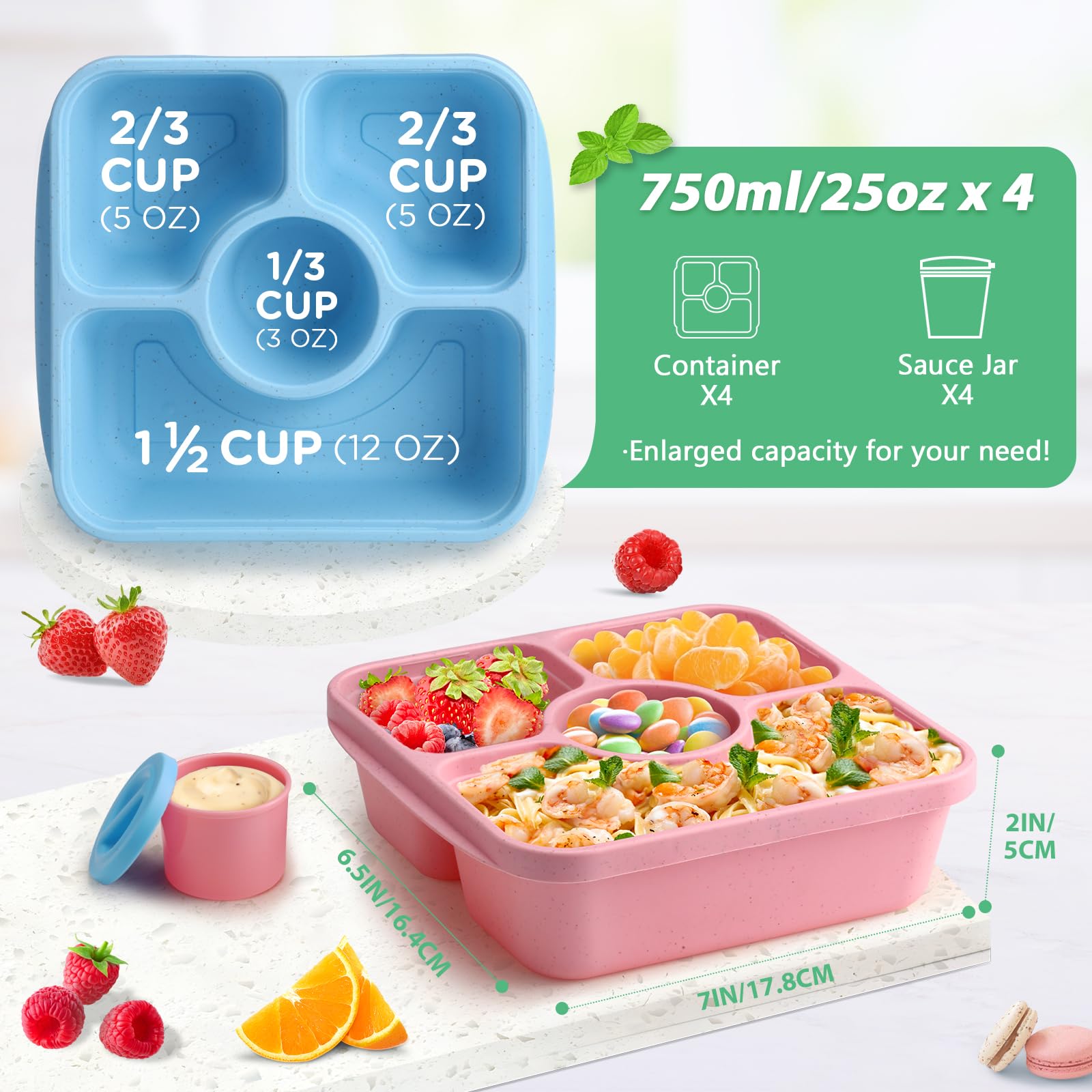 Bento Snack Box Containers for Adults Kids, 4 Pack Lunchable Meal Prep Containers Reusable, Stackable Bento Lunch Box, Food Storage Prep Containers with Lids and 4 Sauce Cups, Pastel Color, Clear Lid