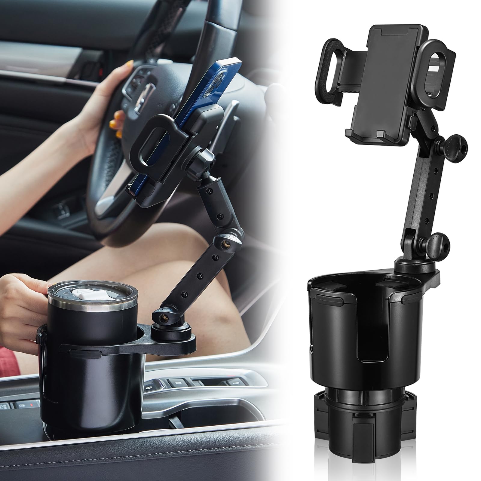 SCRWVESS Cup Holder Phone Mount, 2 in 1 Cup Holder Expander for Car Long Arm with 360 degreesRotation Cup Holder Cell Phone Holder for Car Compatible with All Smartphones