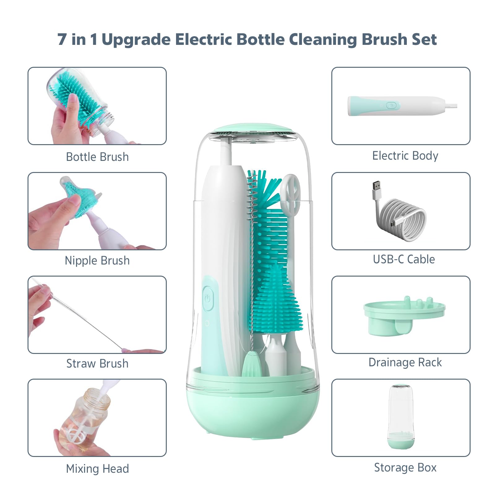 MomMed Electric Bottle Brush, Electric Baby Bottle Brush Set with Silicone Bottle/Pacifier/Straw Brush and Mixing Head, Waterproof Bottle Cleaner Brush with Drying Rack, 2 Modes & 360° Rotation