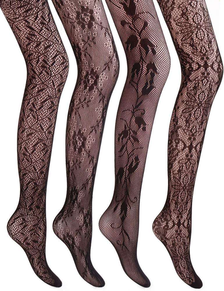 VERO MONTE 4 Styles Patterned Fishnets Tights 4 Pairs Small Hole Black Stockings
