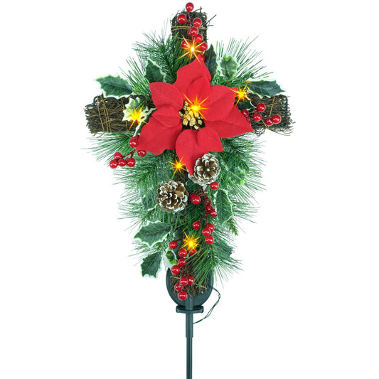 YULETIME 36" Christmas Cross Stake, Solar Powered with 15 Fairy Lights, Metal Cross, Natural Rattan, Red Poinsettia & Berries, Pine Cones, Pine Needles (Red)