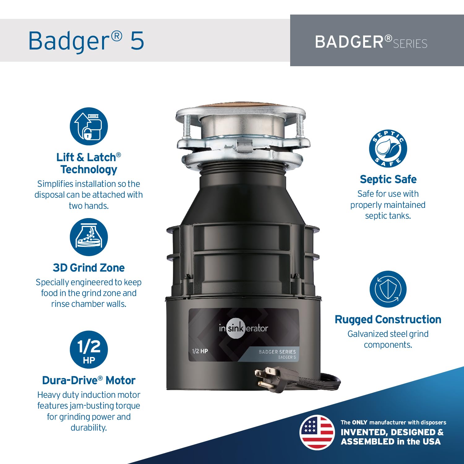 InSinkErator Badger 5 Garbage Disposal with Power Cord, Standard Series 1/2 HP Continuous Feed Food Waste Disposer, Badger 5 W/C, No Size, Black/Gray