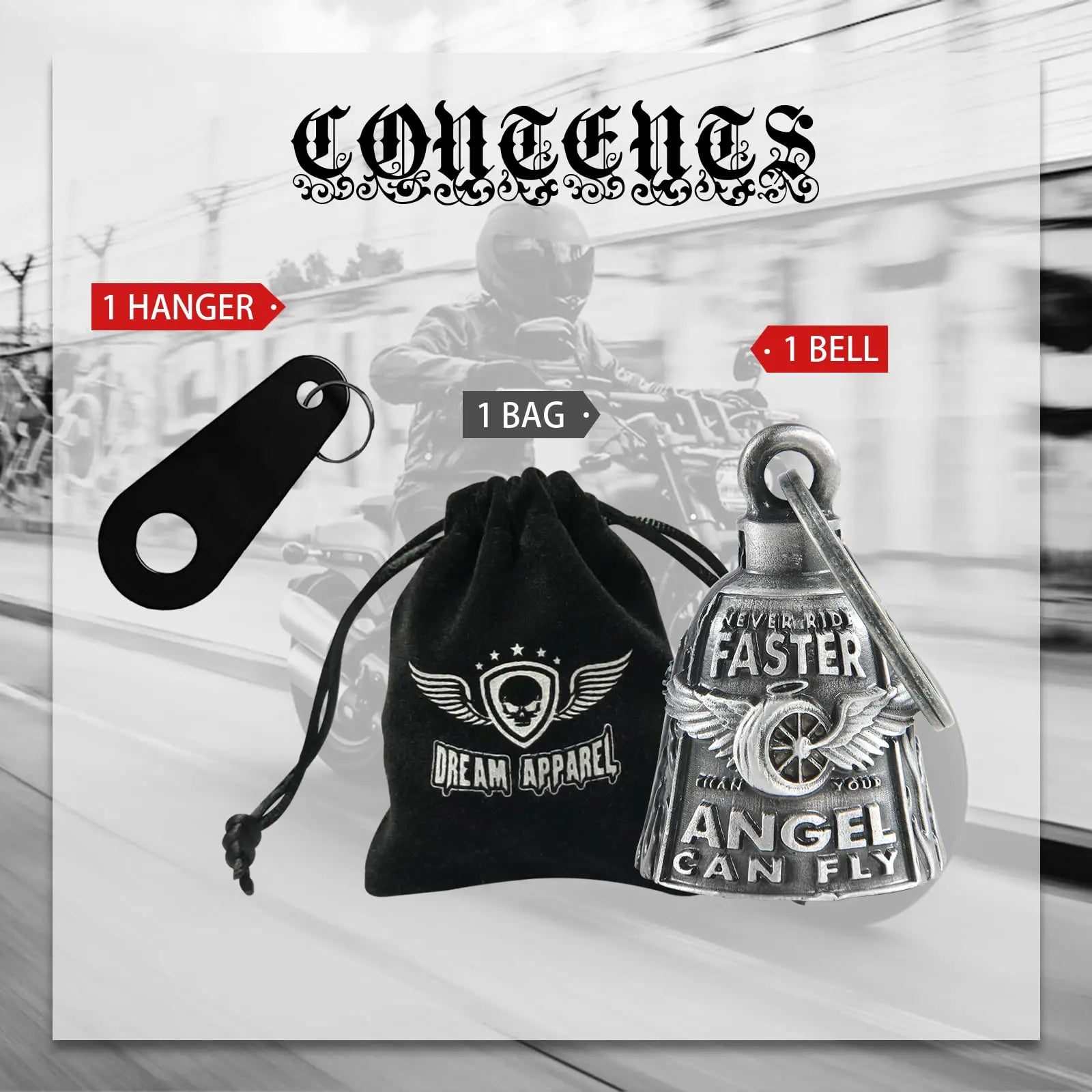 Motorcycle Bells for Bikers Guardian Angel Gremlin Motorcycle Bells for Motorcycle Rider Key Chain for Luck (Never Rider Faster Than Your Angel Can)