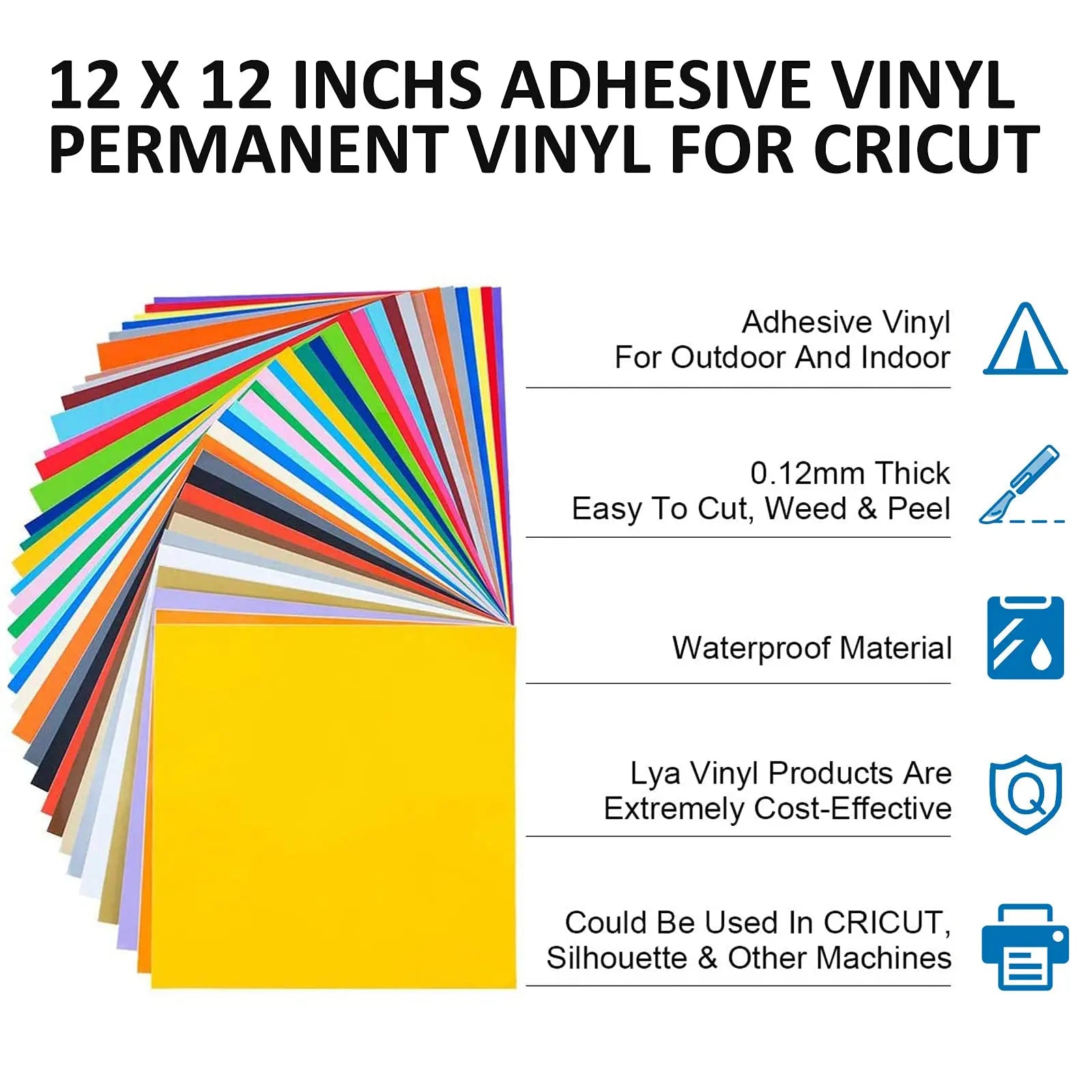 Lya Vinyl 65 Pack Permanent Vinyl, Self Adhesive Vinyl Sheets for Cutting Machine, Permanent Outdoor Sheets for Party Decoration, Sticker, DIY Mug, Car Decal