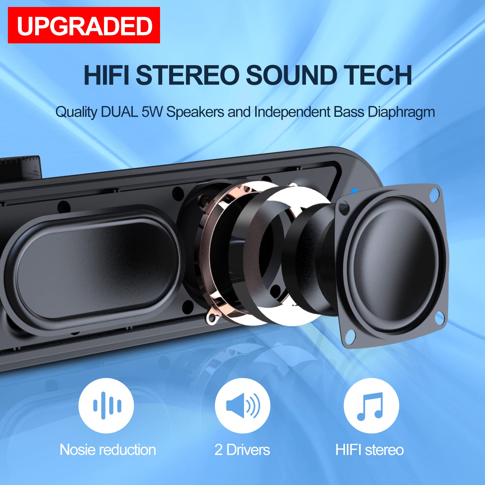 LENRUE Computer Speakers,Wired USB-Powered Sound-bar with 10W Stereo Sound for PC Desktop,Plug-n-Play (A39PRO /Black)