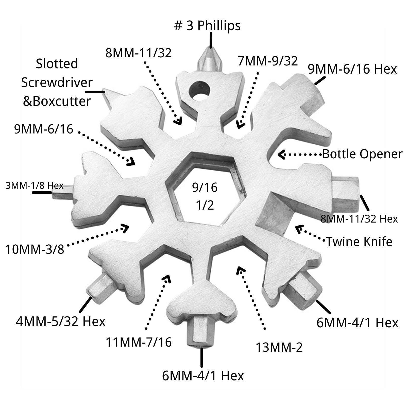 3 Pack 18-in-1 Snowflake Multi Tool, Stainless Steel Snowflake Multi-Tool Bottle Opener/Flat Phillips Screwdriver Kit/Wrench, 18 in 1 Stainless Multitool (Standard, Stainless)