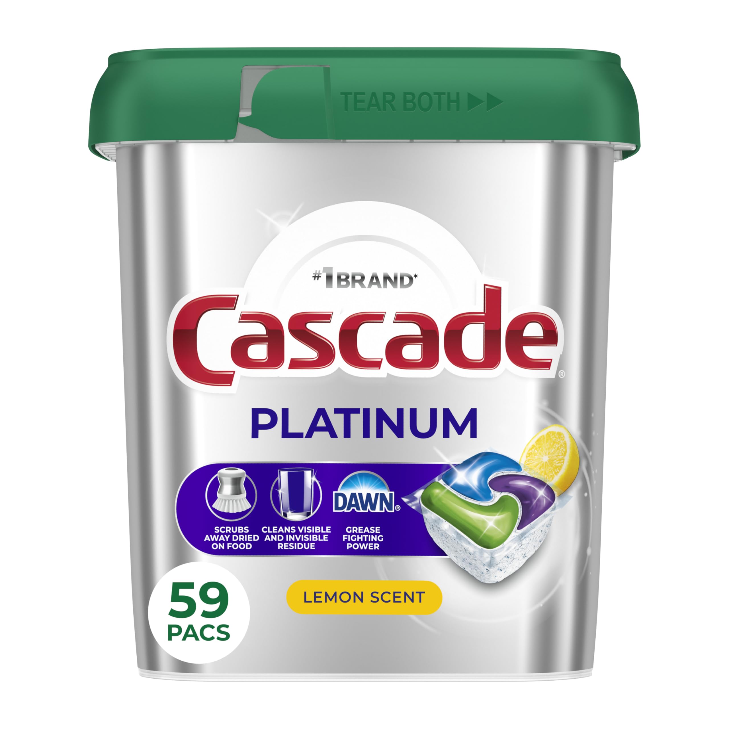 Cascade Platinum Dishwasher Pods، منظف غسالة الصحون، صابون منظف الصحون، ليمون، 59 قطعة