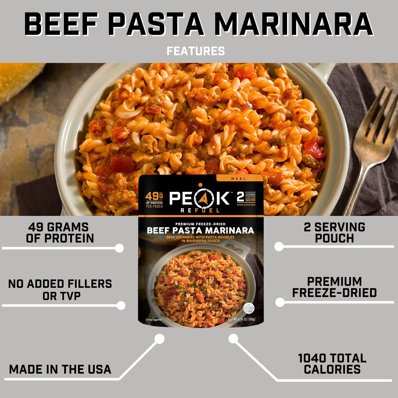 Peak Refuel Beef Pasta Marinara | 49g Protein | 1040 Calories | 100% Real Meat | Premium Freeze Dried Backpacking & Camping Food | 2 Servings | Ideal MRE Survival Meal (2 Serving Pouch)