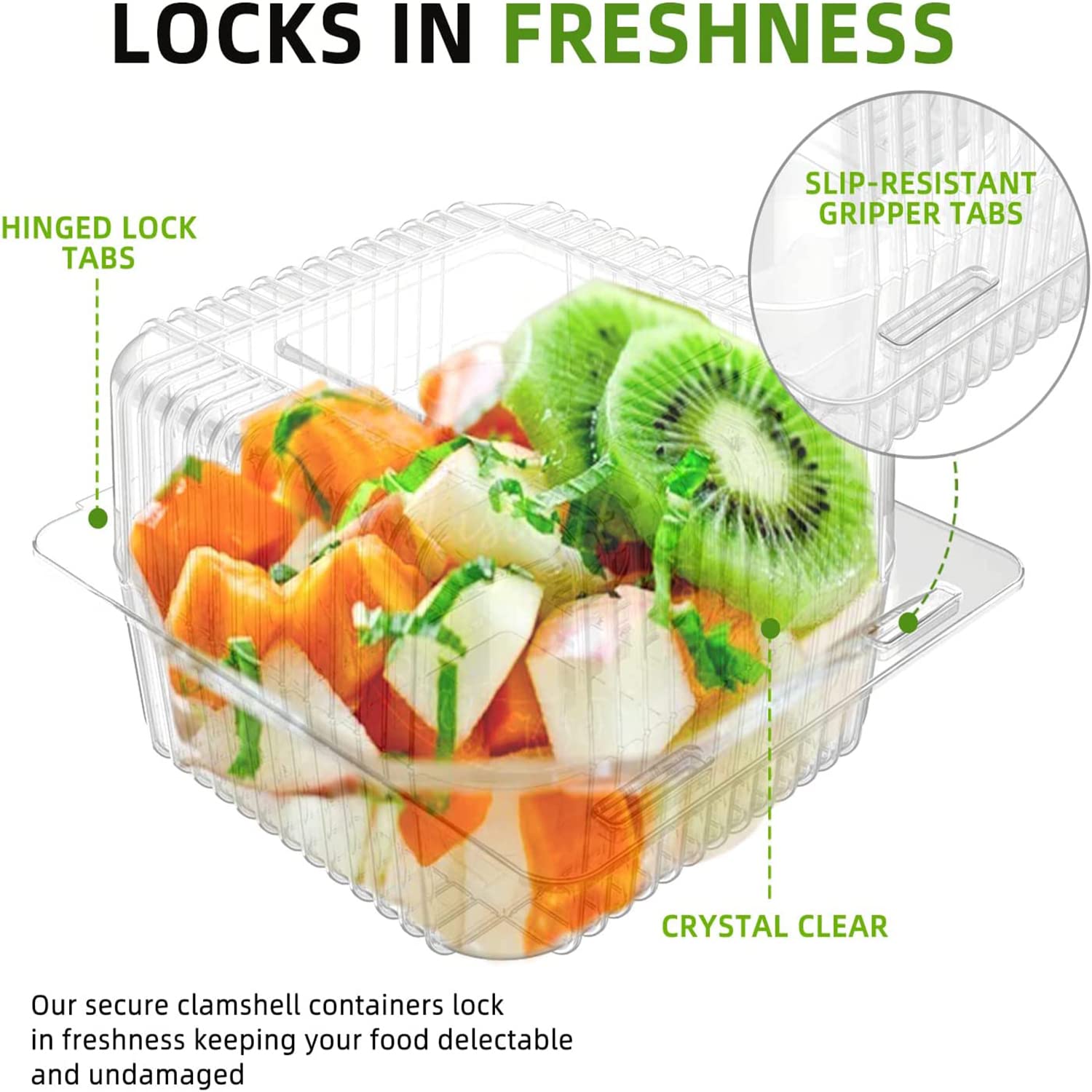 50 Count Clear Plastic Hinged Take Out Containers Clamshell Takeout Tray Food Clamshell Containers Outside Diameter for Dessert, Snacksetc, Cakes Slice, Cookies, Salads