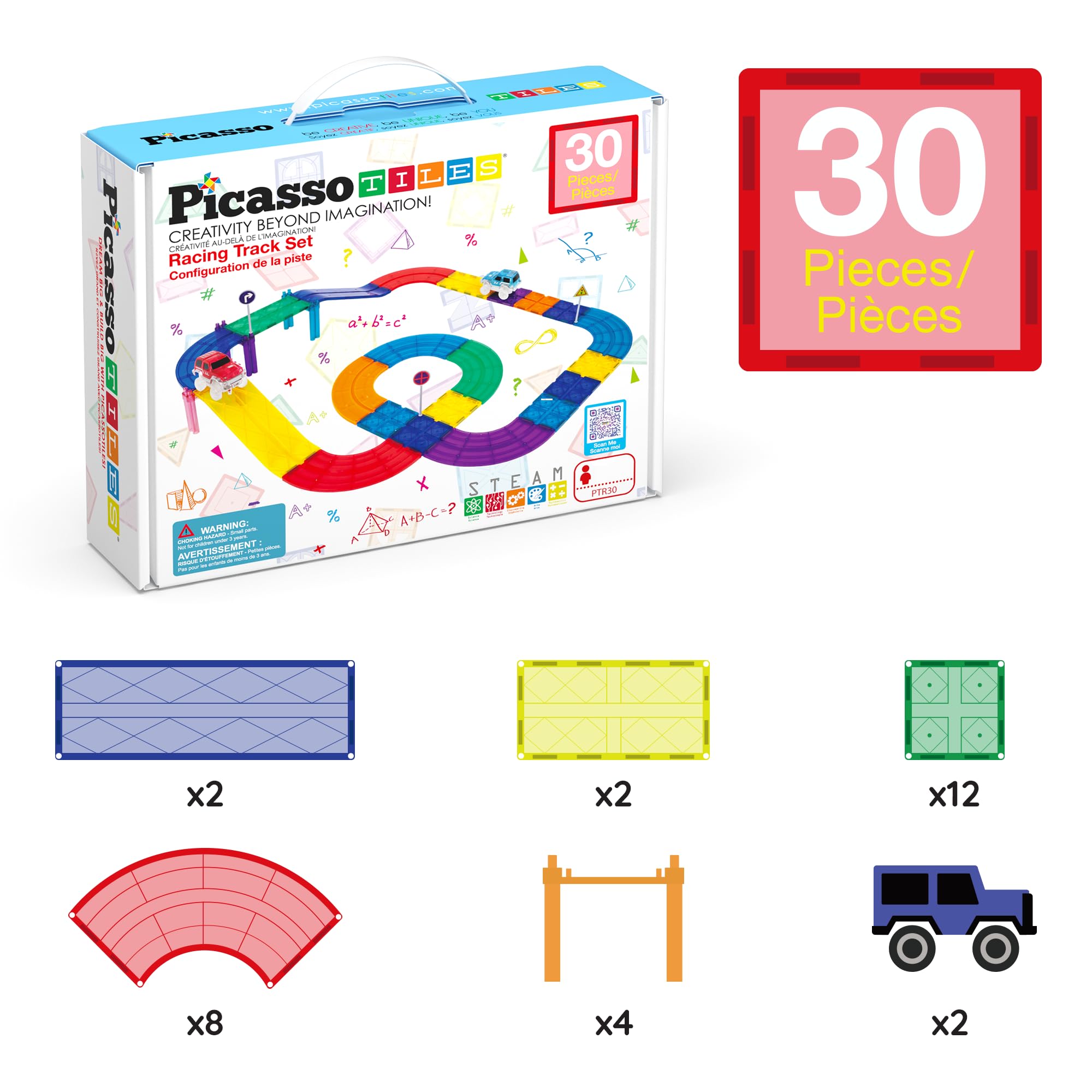 PicassoTiles Magnetic Race Track Toys Car Tracks Set for Toddlers Magnet Building Blocks Tiles Sensory Toys for Kids Include 2 Trucks STEM Engage in Thrilling Races Age 3+ Year Old Boys Girls