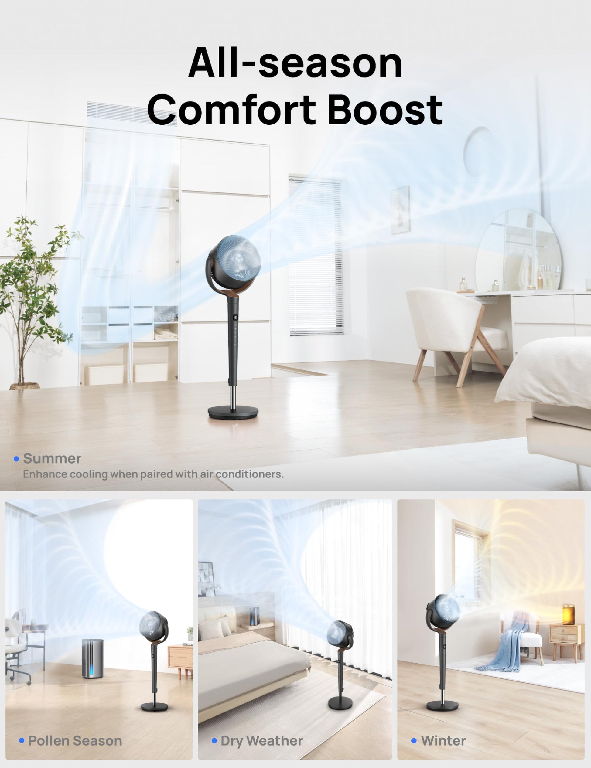 Dreo Fan for Bedroom, 120° Oscillating Standing Fans, Quiet Floor Fan with DC Motor, 100ft Pedestal Fans for Room, 9 Speeds, 4 modes, 20dB, 120° Manual Vertical, 37-42" Adjustable Height, 9H Timer