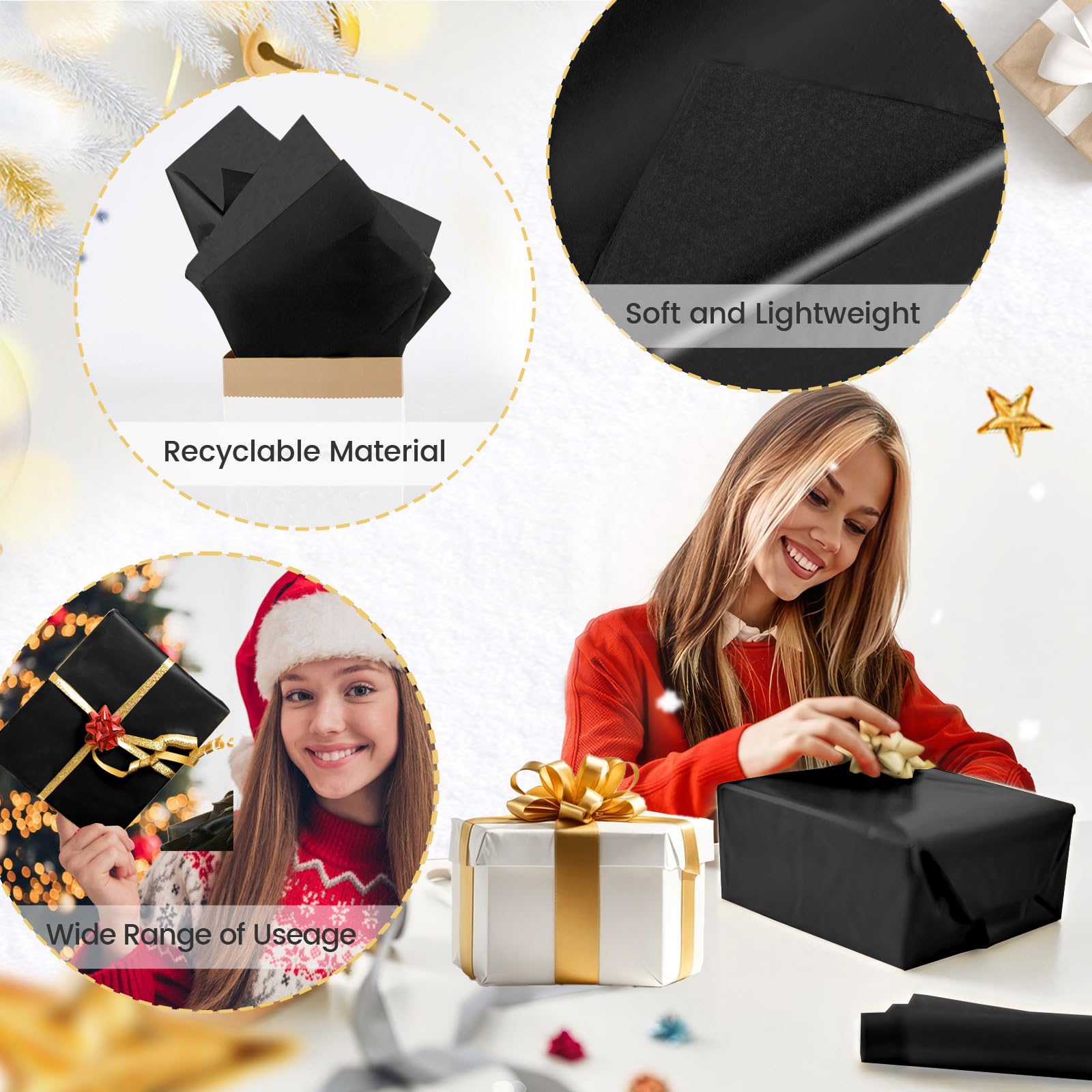 Hlonon Black Tissue Paper - 30 Sheets, 14 x 20 Inch, Gift Wrapping, DIY Crafts, Wedding, Birthday, Christmas