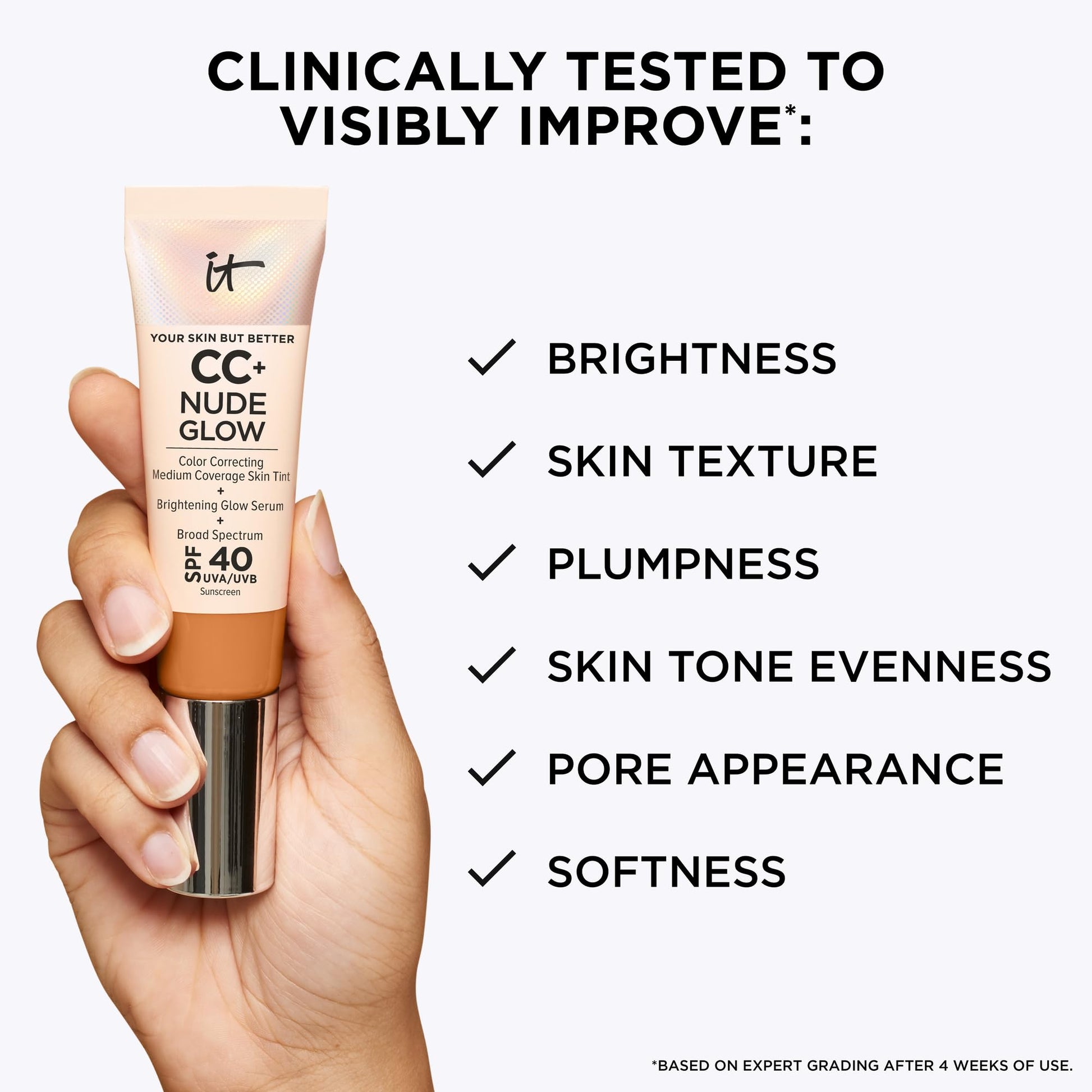 IT Cosmetics CC+ Nude Glow (Light Medium) - Medium Coverage Foundation with SPF 40 & Brightening Glow Serum, Lightweight Skin Tint, 2% Niacinamide + Hyaluronic Acid, Up to 24H Hydration - 1.08 fl oz