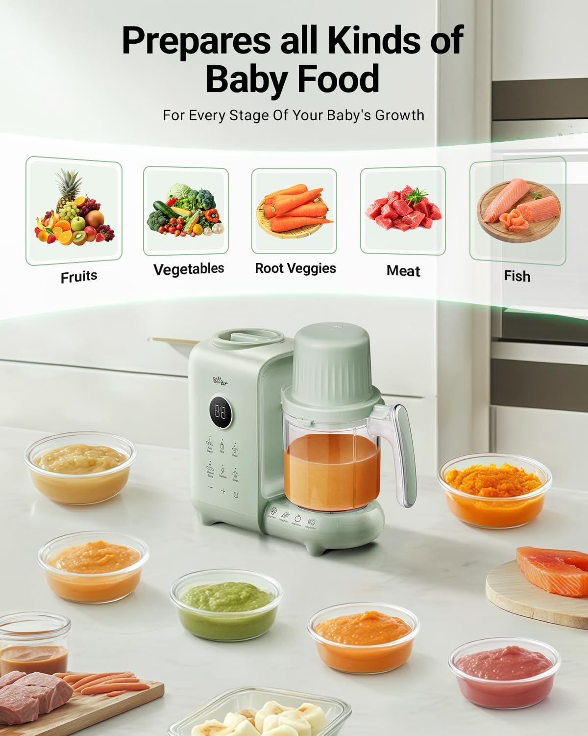 Bear Baby Food Maker with Two Layer Steam Baskets, Multifunction Baby Food Processor Steamer Puree Blender, Baby Food Mill with Bottle Warming Sterili-zing Auto Cleaning Function, BPA-Free