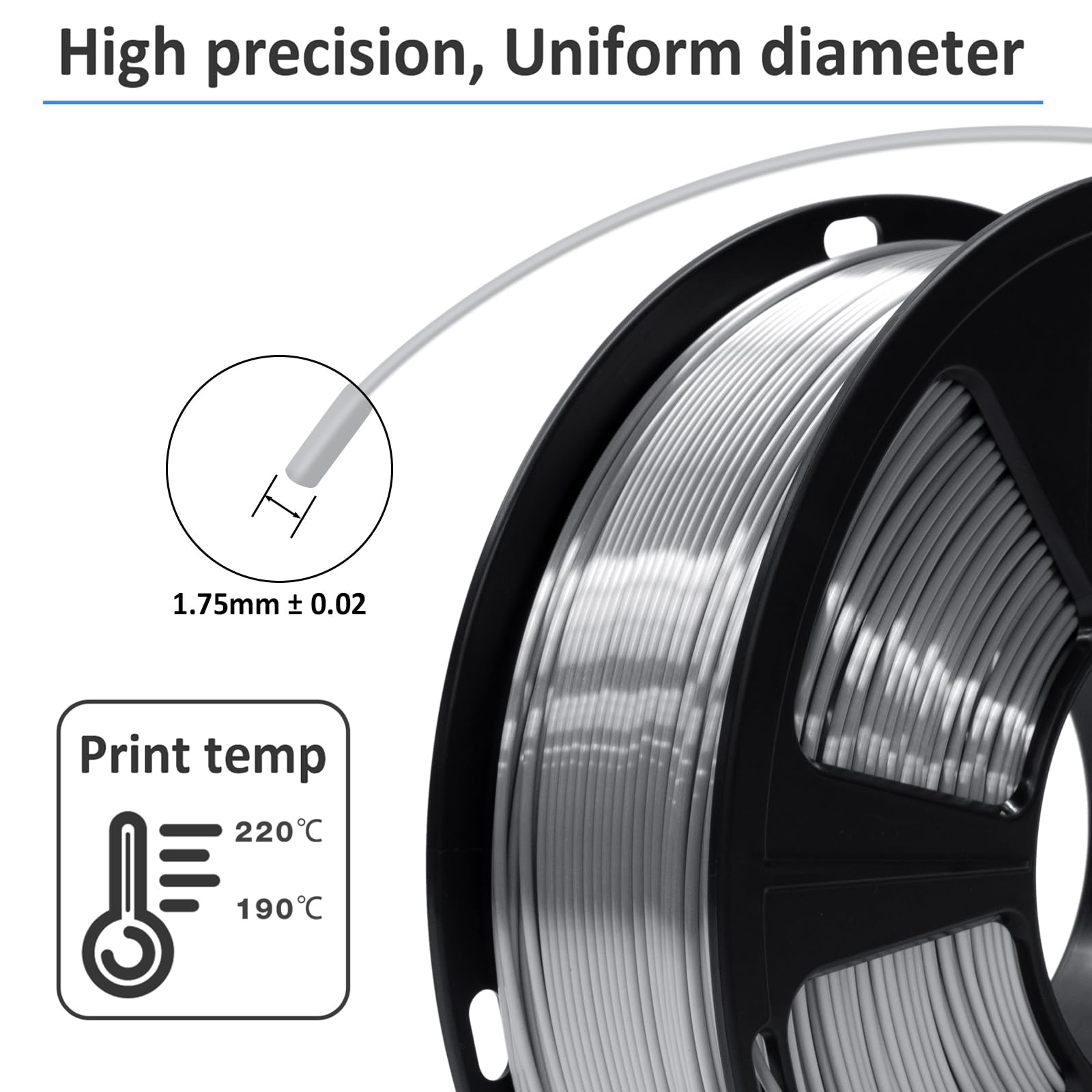 GIANTARM Silk Metallic Silver PLA 3D Printer Filament 1kg Spool, 1.75mm Dimensional Accuracy +/-0.03mm, 1080 Feet per Roll, Vacuum Packaging