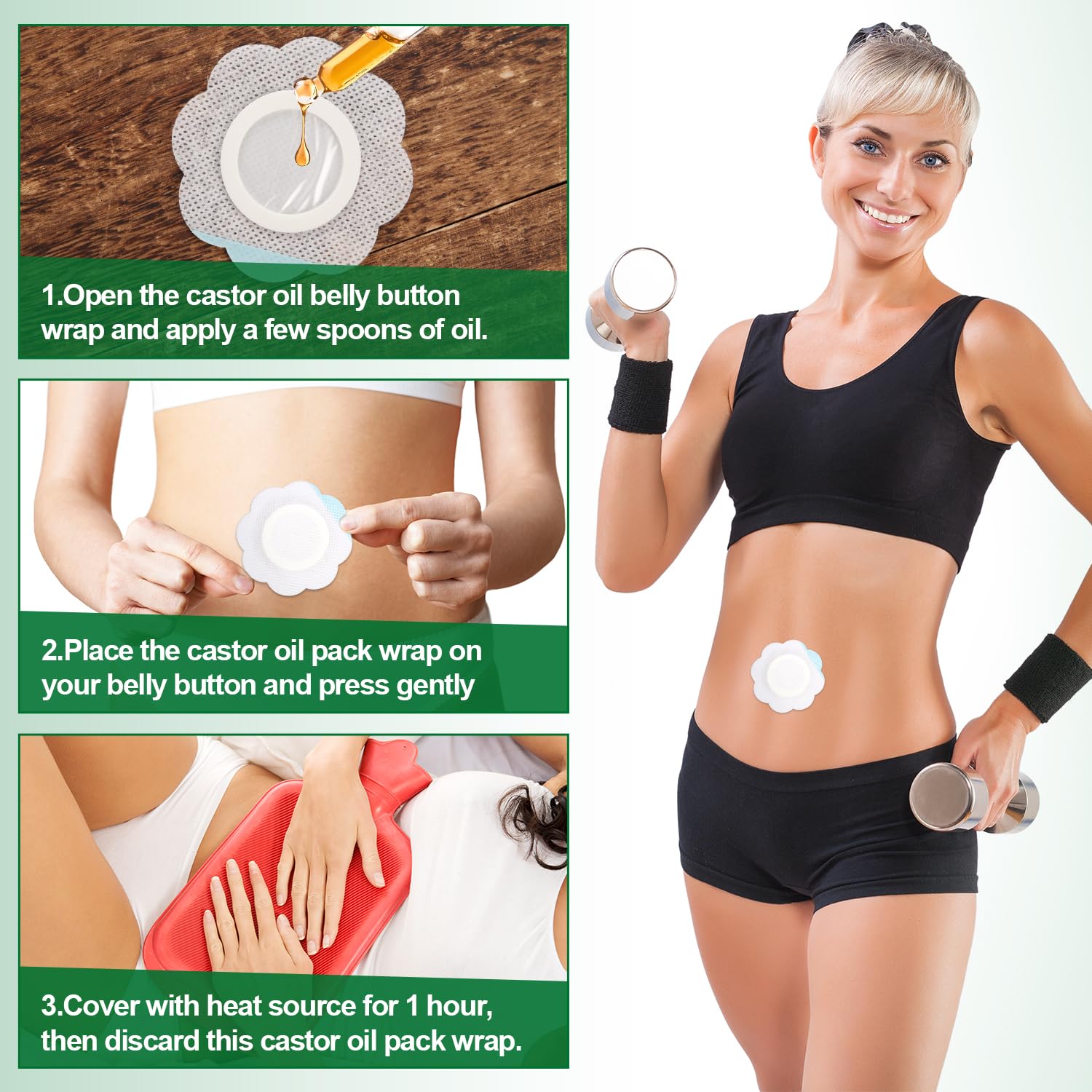 30pcs Castor Oil Pack Wrap for Belly Button, Self-Adhesive Disposable Castor Oil Belly Button Wrap Pads Spunlace Cloth Highly Absorbent Organic Cover Compress Patches No Wash (Oil Not Included)