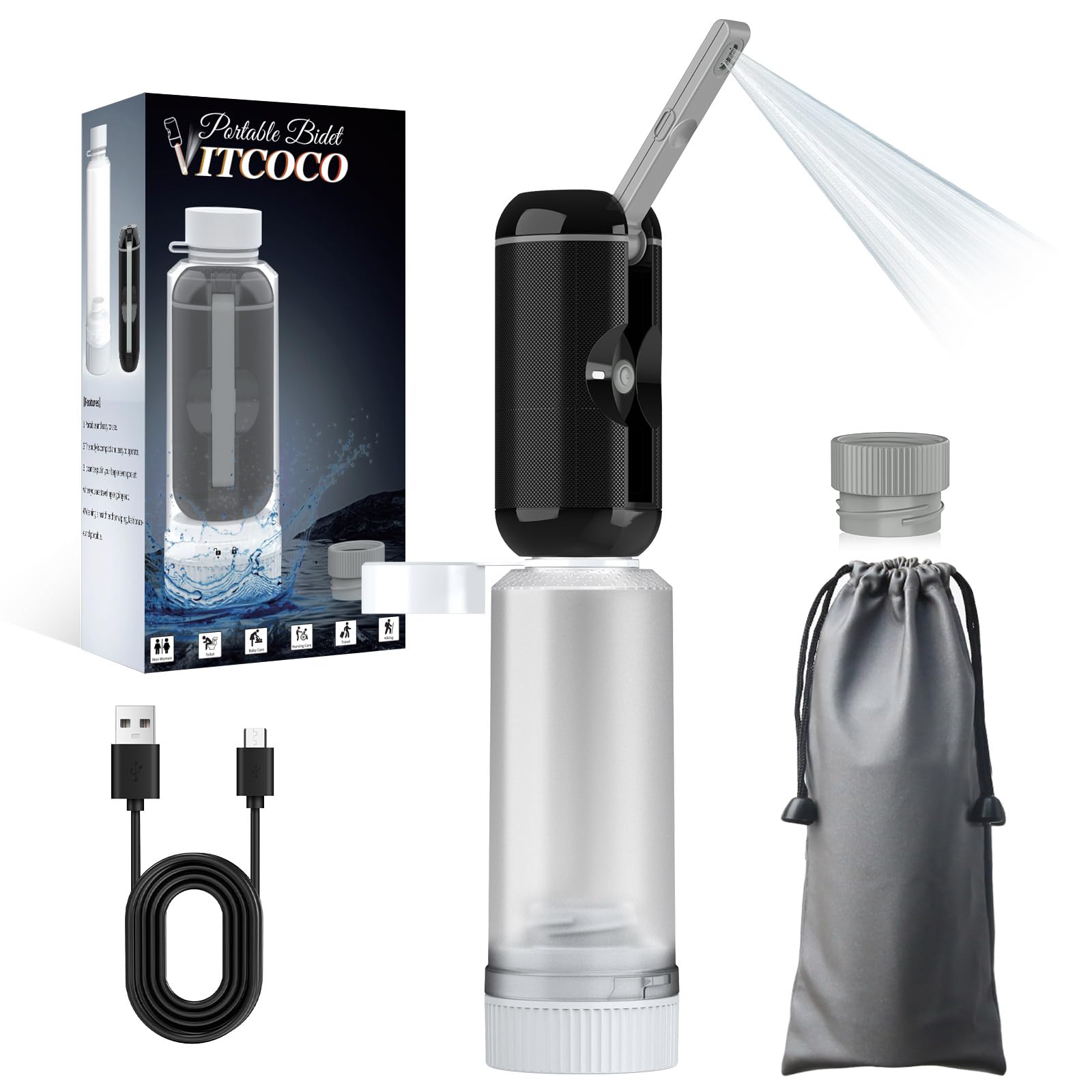 Portable Bidet for Travel, VITCOCO Rechargeable Electric Travel Bidet Sprayer with Adaptor, Waterproof High Pressure Handheld Bidet for Women Men Baby Cleaning