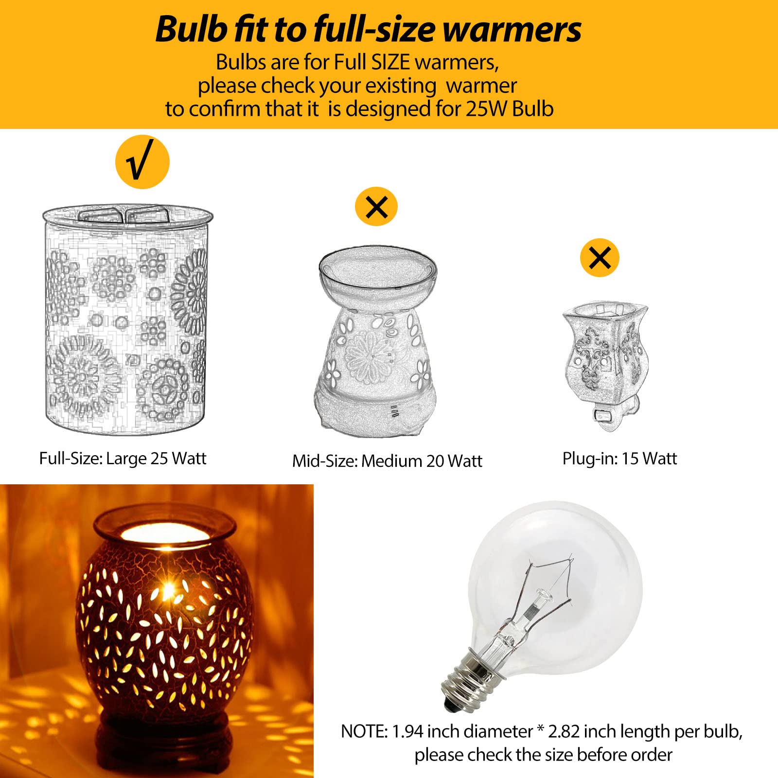 Wax Warmer Bulbs 6 Pack, G50 25 Watt Light Bulbs for Full Size Scentsy Warmers, E12 Base G16.5 Globe Clear Bulb for Candle Wax Warmer, Long Lifespan, 120 Volt