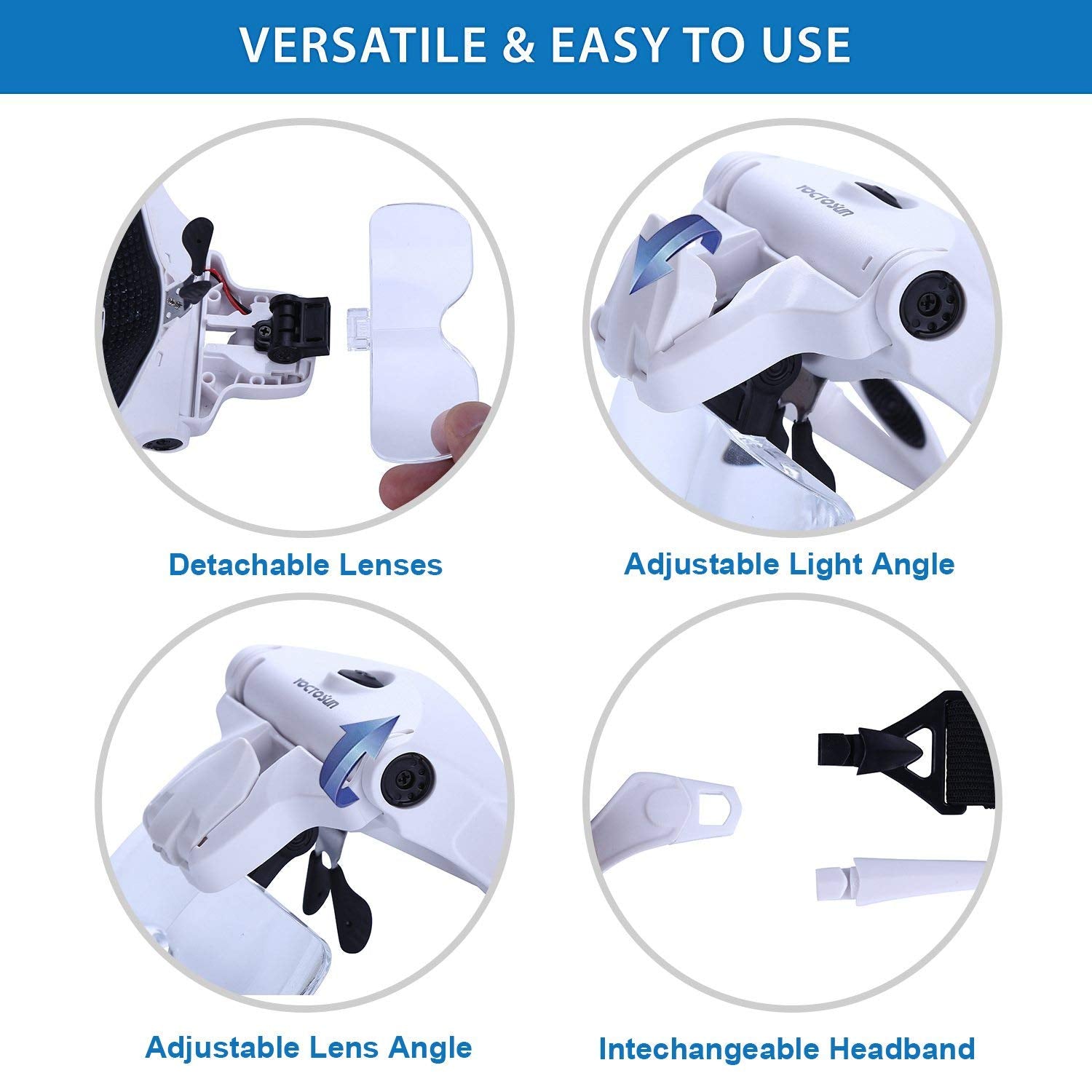 YOCTOSUN LED Head Magnifier, Rechargeable Hands Free Headband Magnifying Glasses with 2 Led, Professional Jeweler's Loupe Light Bracket and Headband are Interchangeable