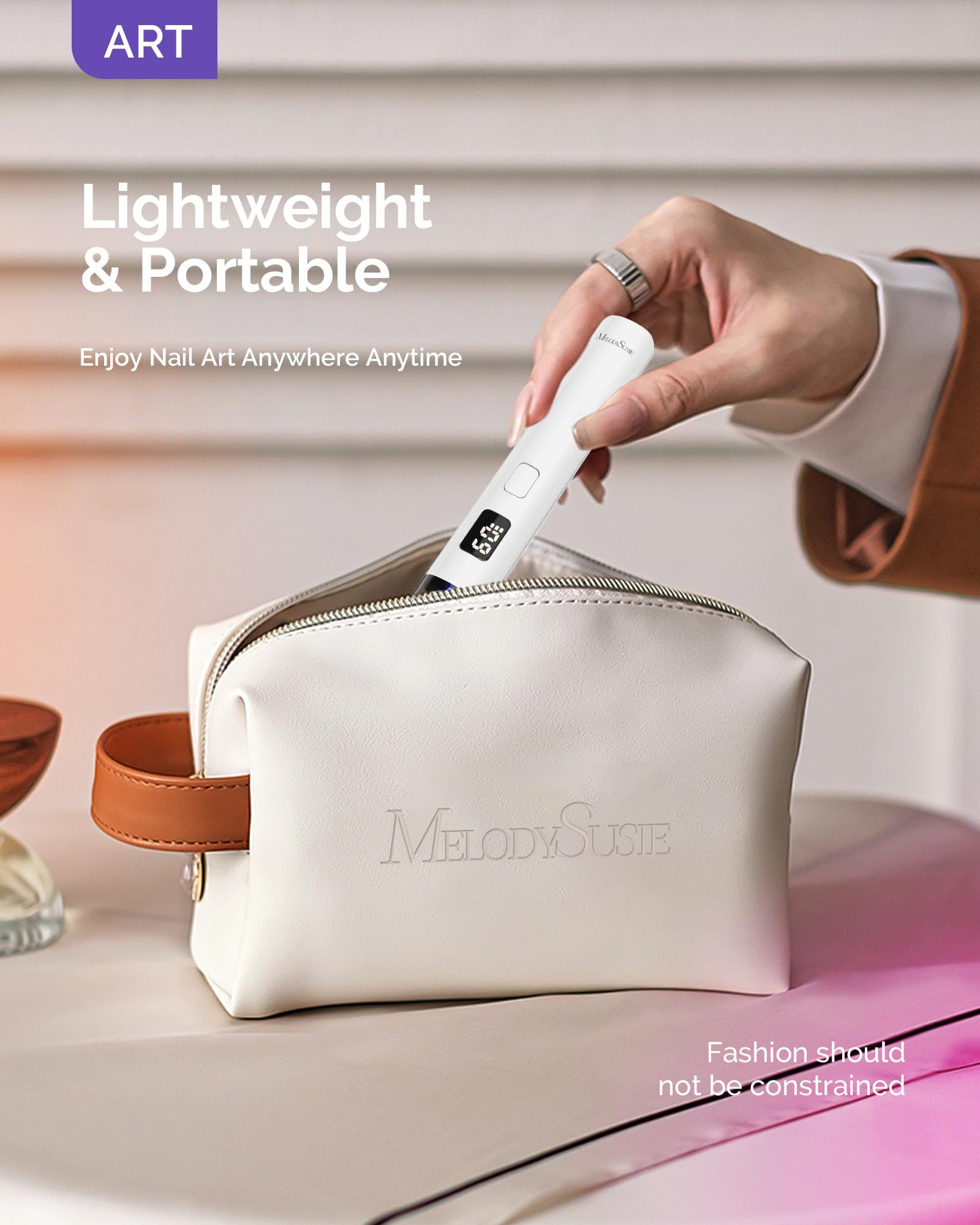 Melodysusie Handheld UV Light for Gel Nails, ART01R Cordless Gel X Nail Lamp Rechargeable with LCD Display, Eye-Protective Cover Flash Cure Nail Dryer for Rhinestone Glue Decoration DIY at Home White