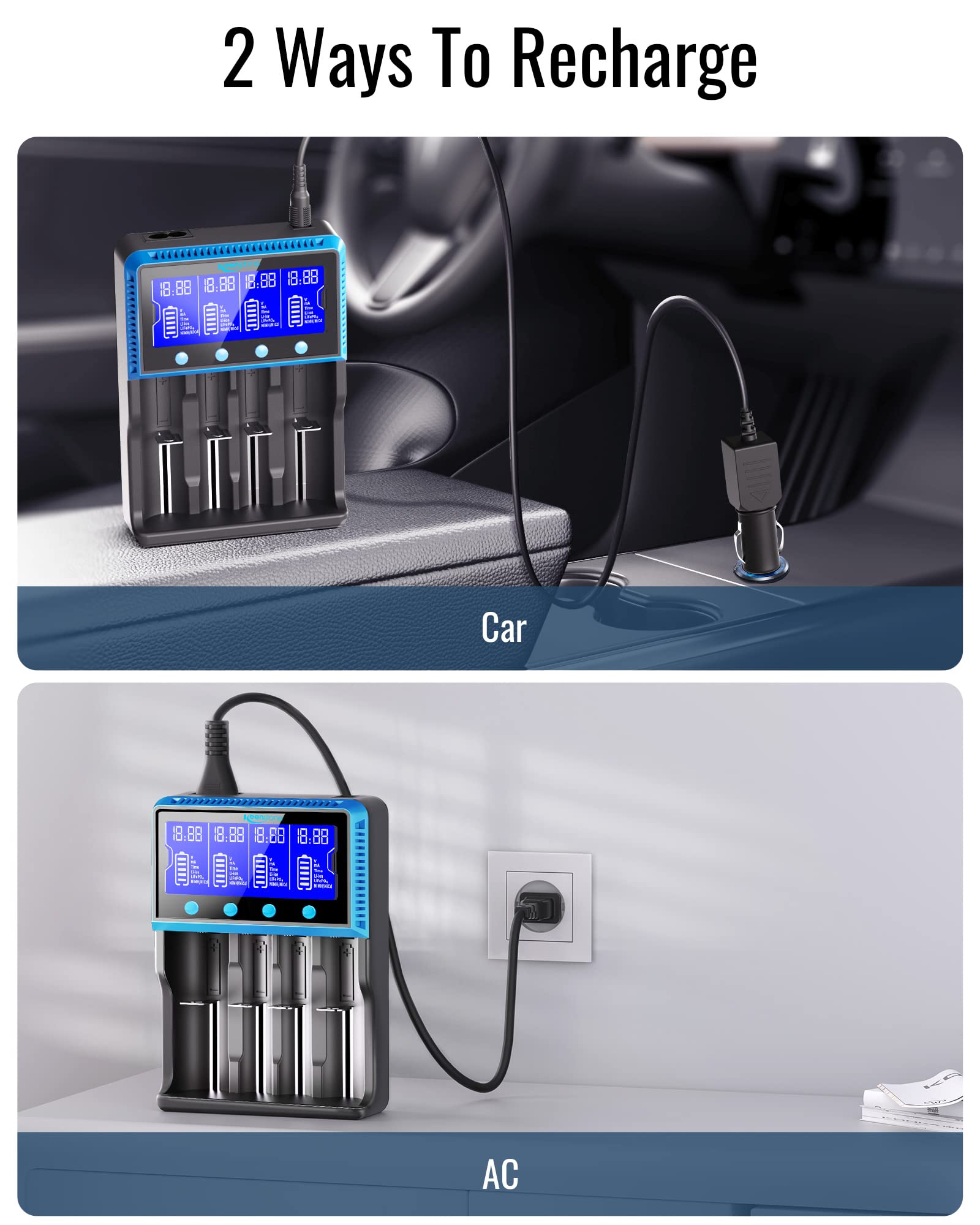Keenstone 18650 Battery Charger, Smart Universal Charger LCD Display for Rechargeable Batteries Ni-MH Ni-Cd AA AAA Li-ion LiFePO4 IMR 10440 14500 16340 RCR123A 26650