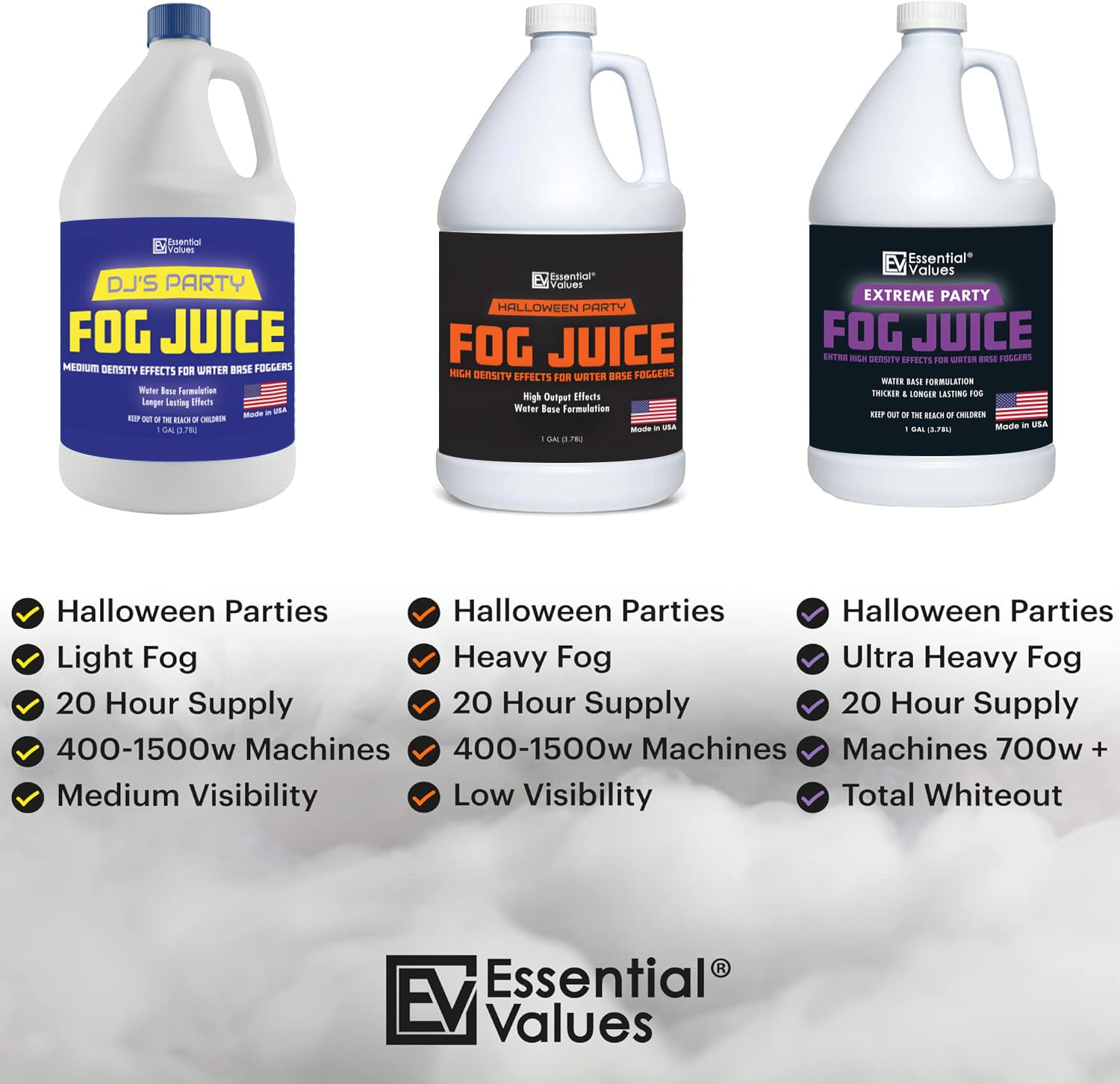 Essential Values Fog Machine Fluid 3.78 litres - Fog Juice Long-Lasting Medium Density Fog for Water Based Foggers, Perfect for 400 Watt to 1500 Fog Machines - Outdoor or Indoor