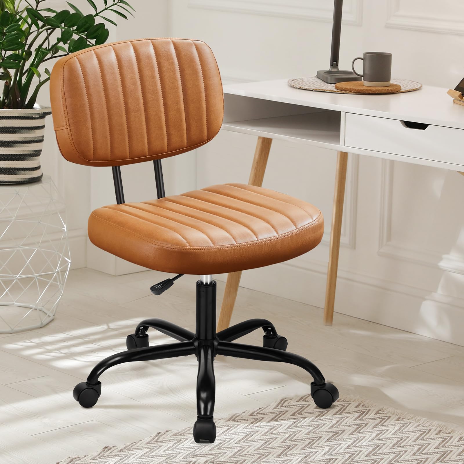 Armless Home Office Desk Chair -Small Ergonomic with Low Back Lumbar Support, Height Adjustable PU Leather Computer Task with 360ÃƒÂ‚Ã‚Â° Swivel Rolling Wheels, for Small Space, Brown