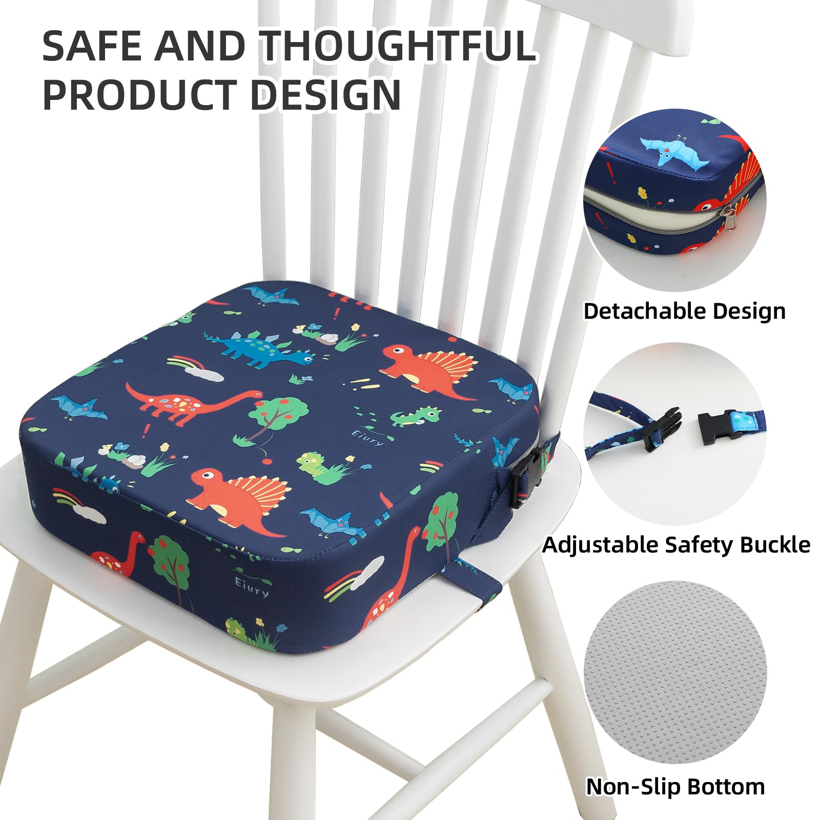 Eiury Toddler Booster Seat for Dining Table, Portable Kids Booster Seat with Safety Buckles Portable Increasing Booster Cushion with Non-Slip Bottom (Blue Dinosaur)