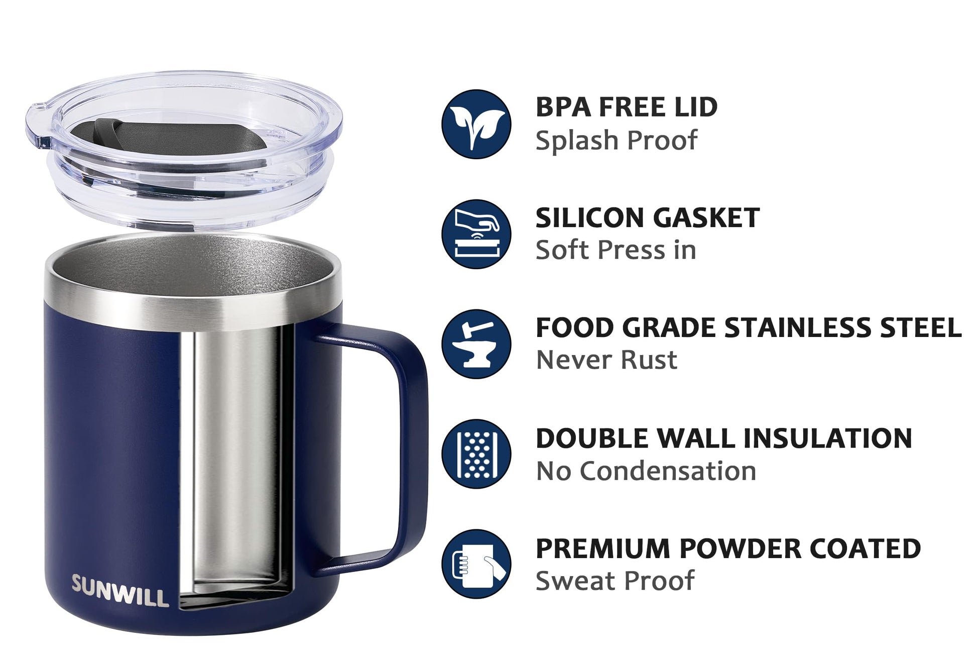 SUNWILL Insulated Coffee Mug with Lid, Travel Tumbler with Handle, 14oz Stainless Steel Cup for Camping, Office, Home, Powder Coated Navy Blue