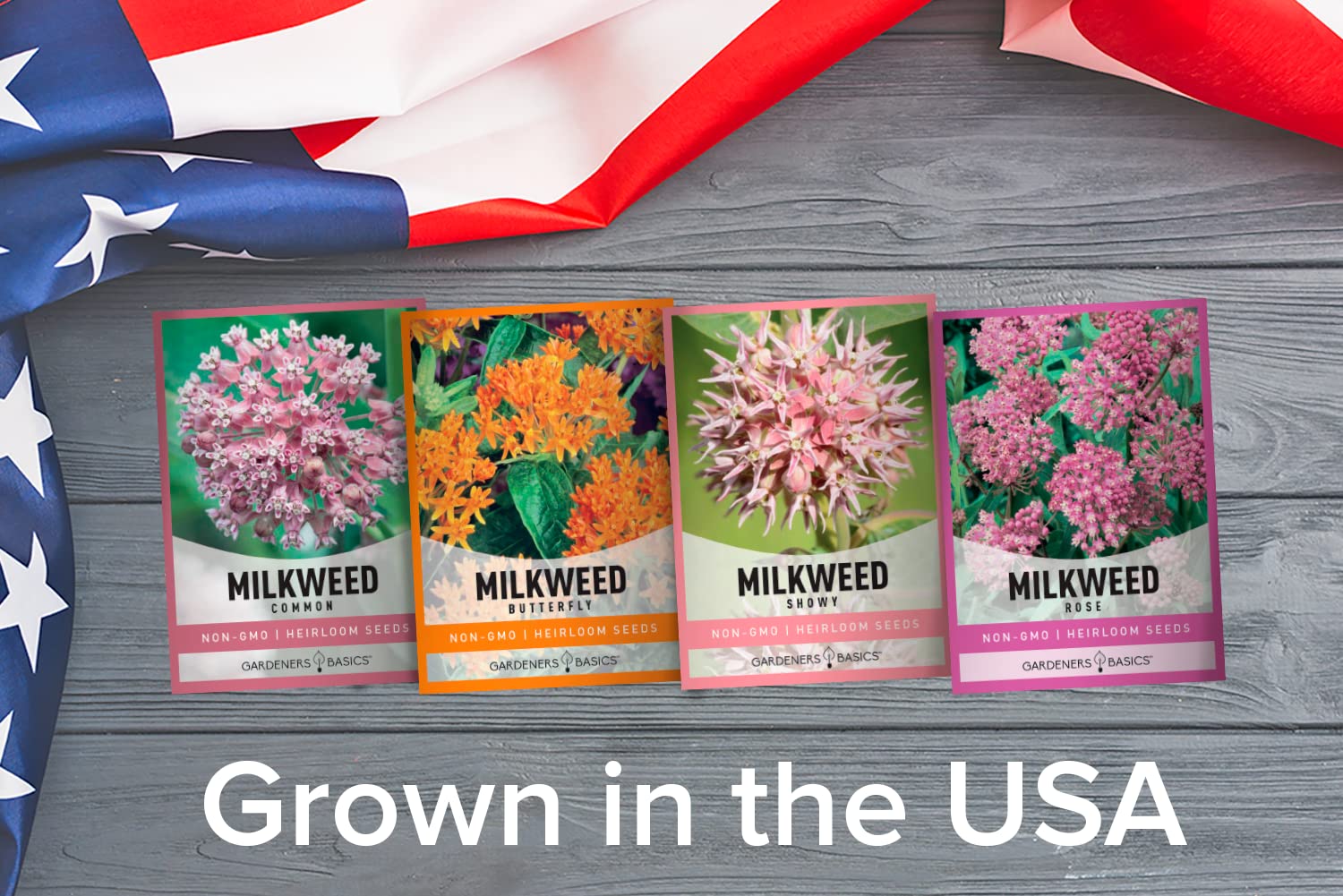 Gardeners Basics, Milkweed Seeds for Monarch Butterflies (4 Variety Pack) Common, Showy, Butterfly and Rose Varieties Attracts Butterflies, Bees and Pollinators Heirloom Flower Seeds Wildflower Seed