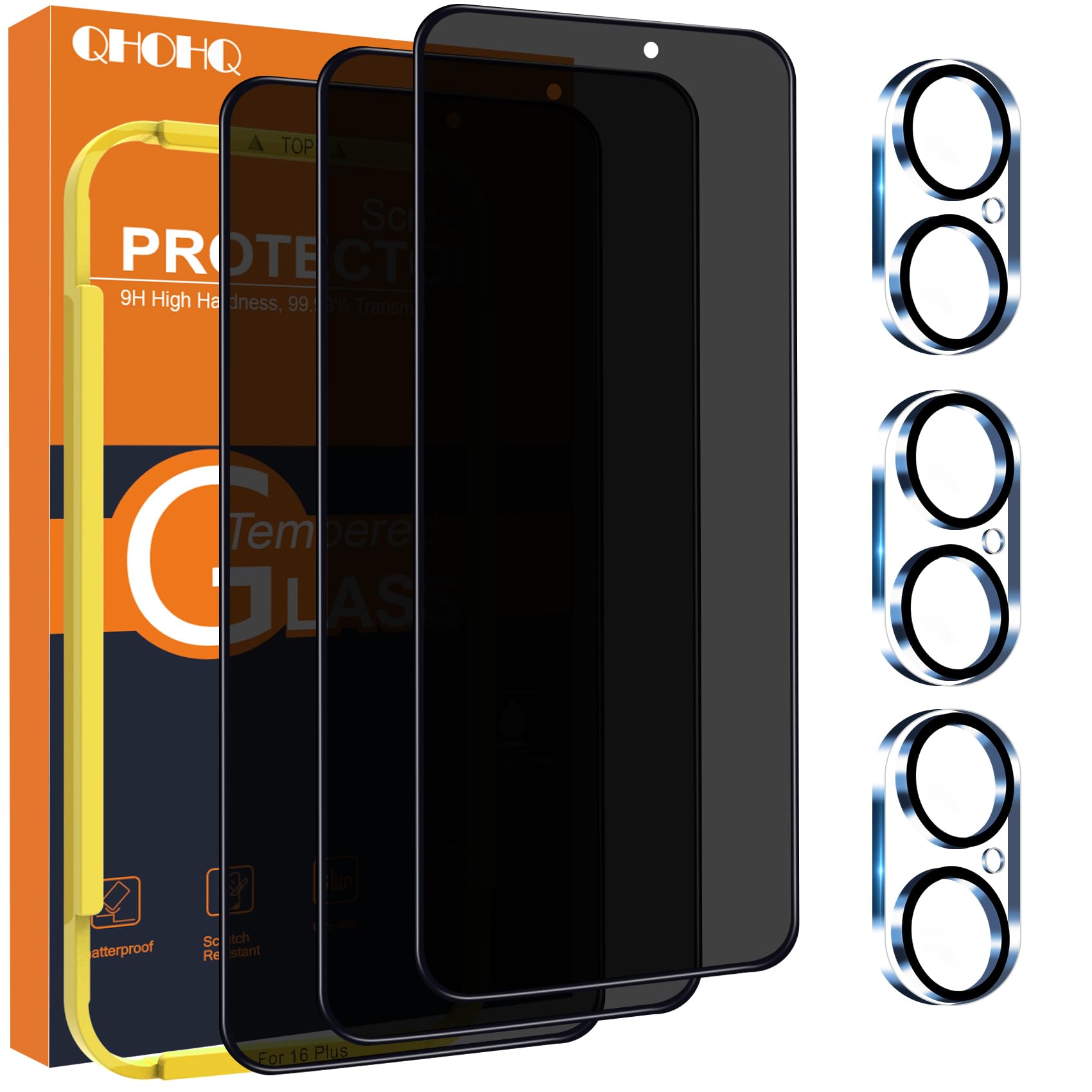 QHOHQ for iPhone 16 Pro Max Privacy Screen Protector + Camera Lens Protector, [Military Grade Shatterproof], Top 9H+ Anti Spy Glass, Full Edge Coverage, Ultra Durable,with Installation Tool [3+3 Pack]