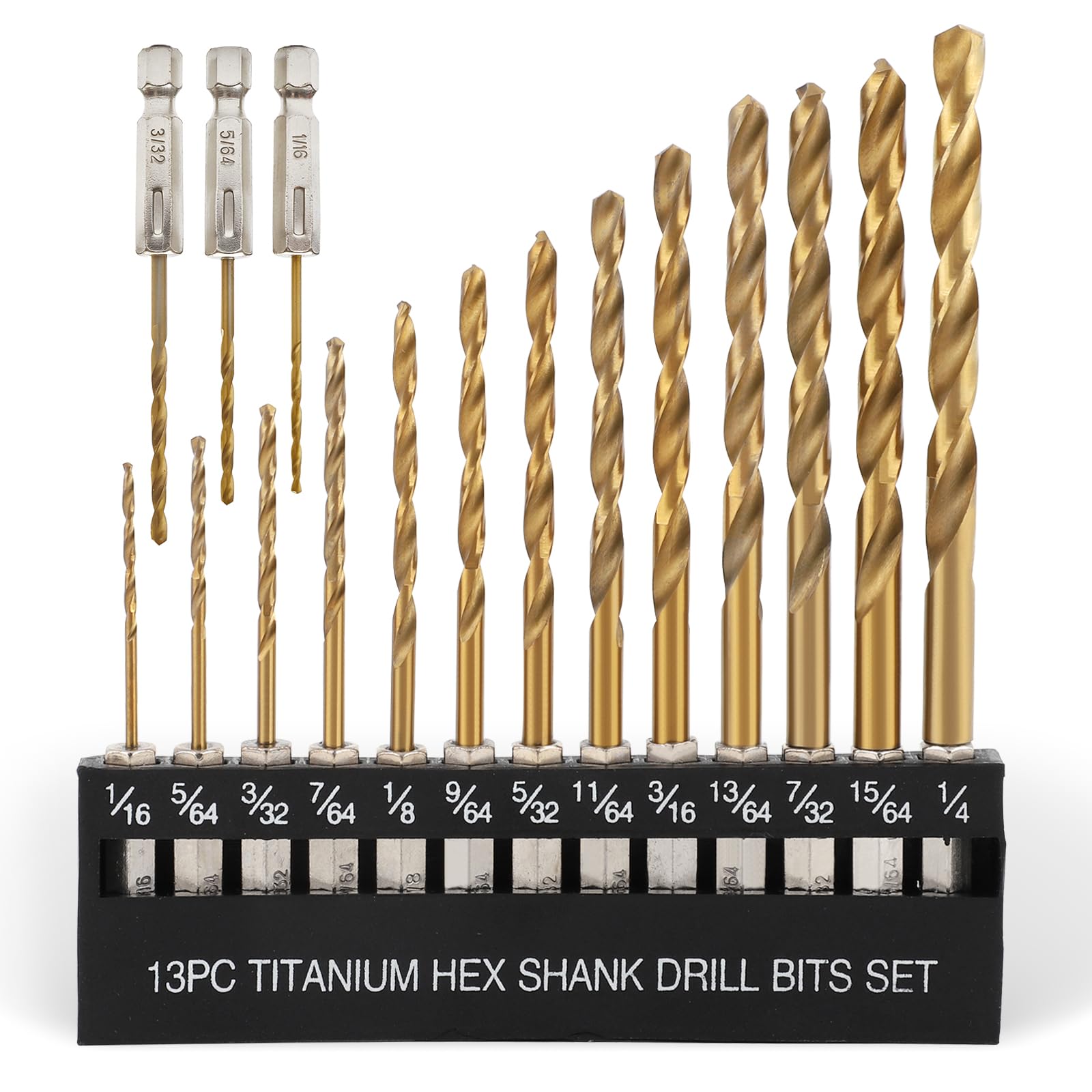 COMOWARE Titanium Twist Drill Bit Set - 16 Pcs Hex Shank High Speed Steel for Wood Plastic Aluminum Alloy, Quick Change, 1/16"-1/4"