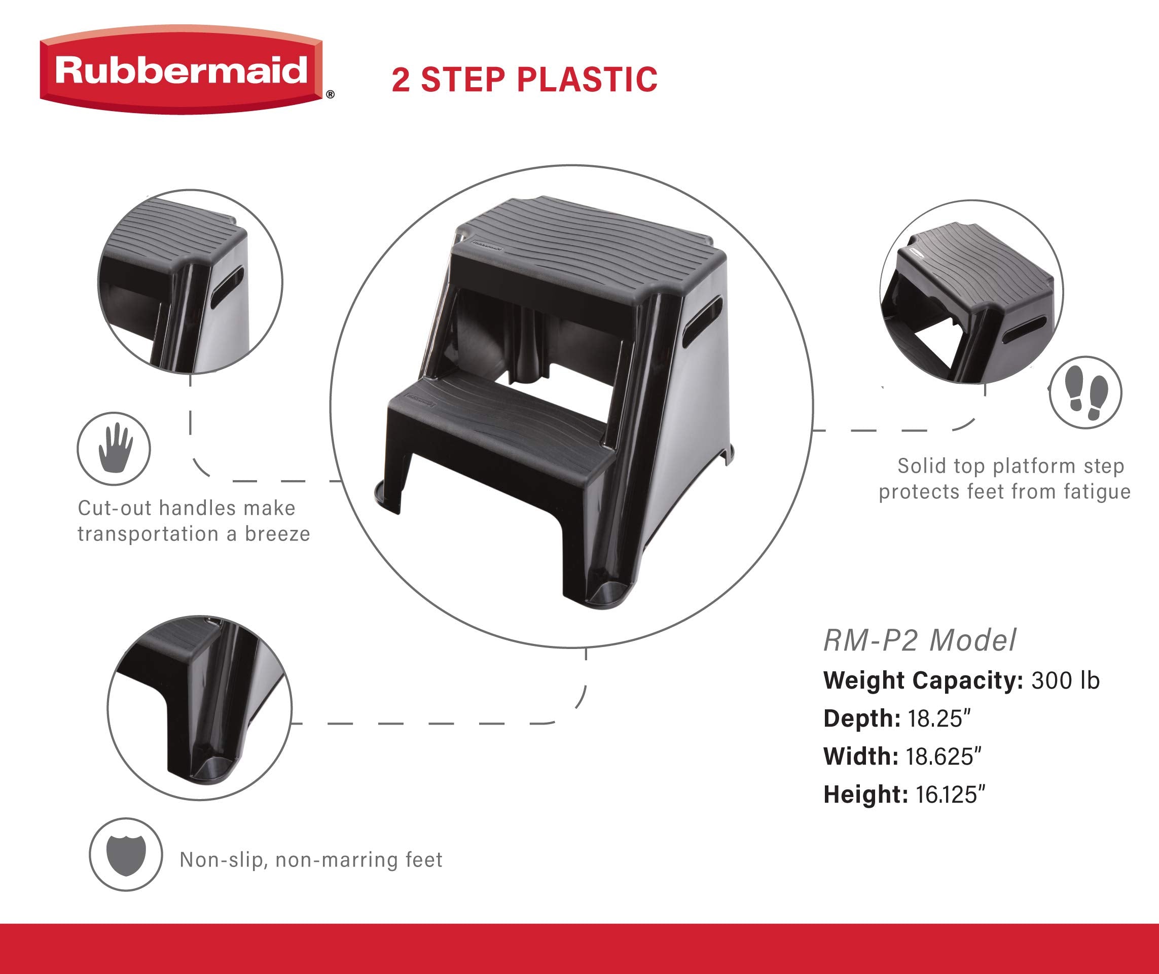 Rubbermaid 2-Step Molded Plastic Step Stool, Lightweight with Slip Resistant Treads and Non-Slip Feet, Black (Amazon Exclusive)