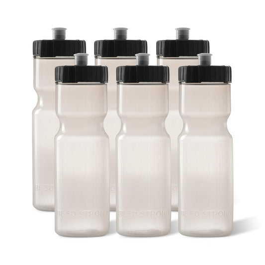 50 Strong Sports Squeeze Water Bottle 6 Pack – 22 oz. BPA Free Easy Open Push/Pull Cap – USA Made (Clear)