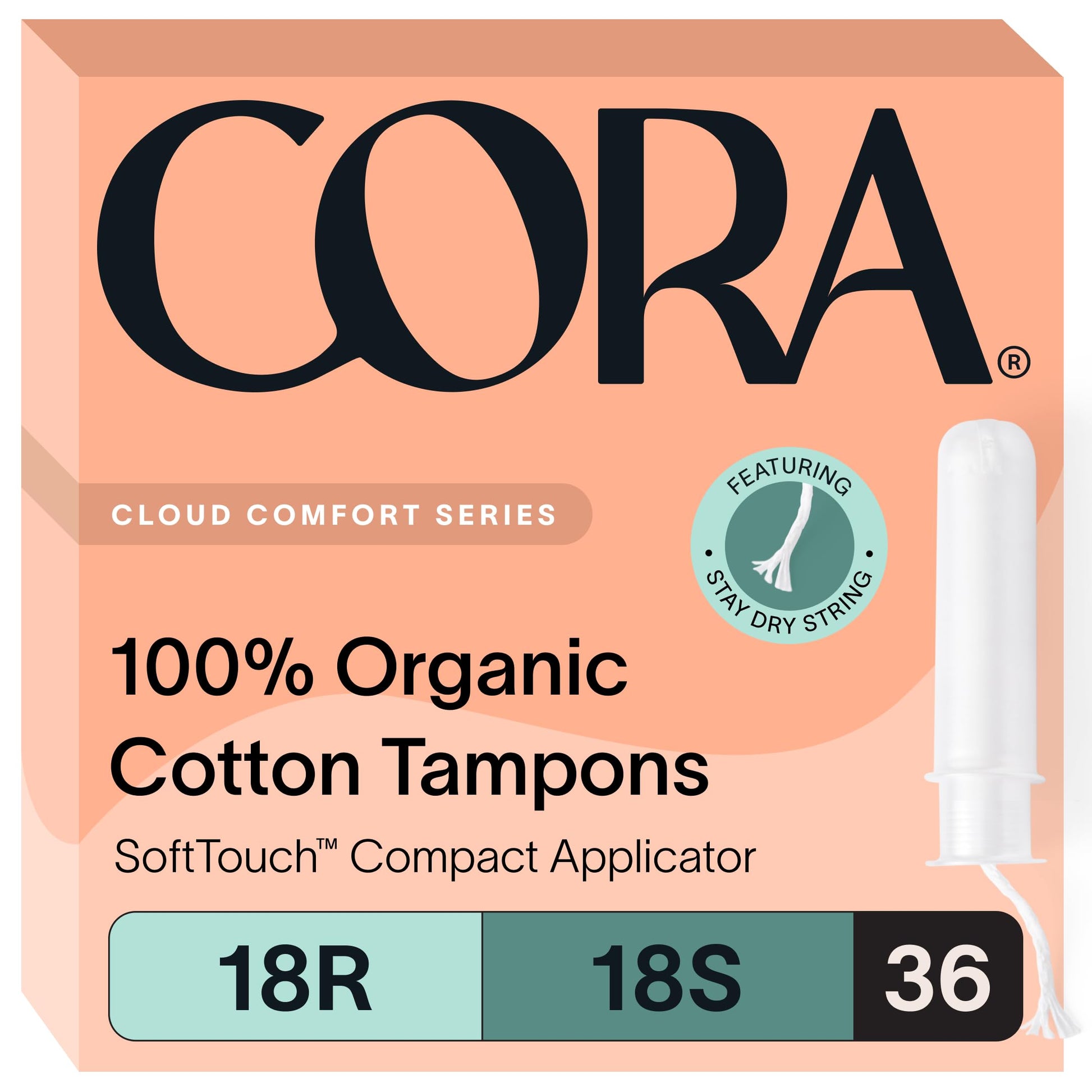 Cora Organic Applicator Tampon Multipack | 18 Regular & 18 Super Absorbency | 100% Organic Cotton, Unscented, BPA-Free Compact Applicator | Leak Protection | Packaging May Vary | 36 Total