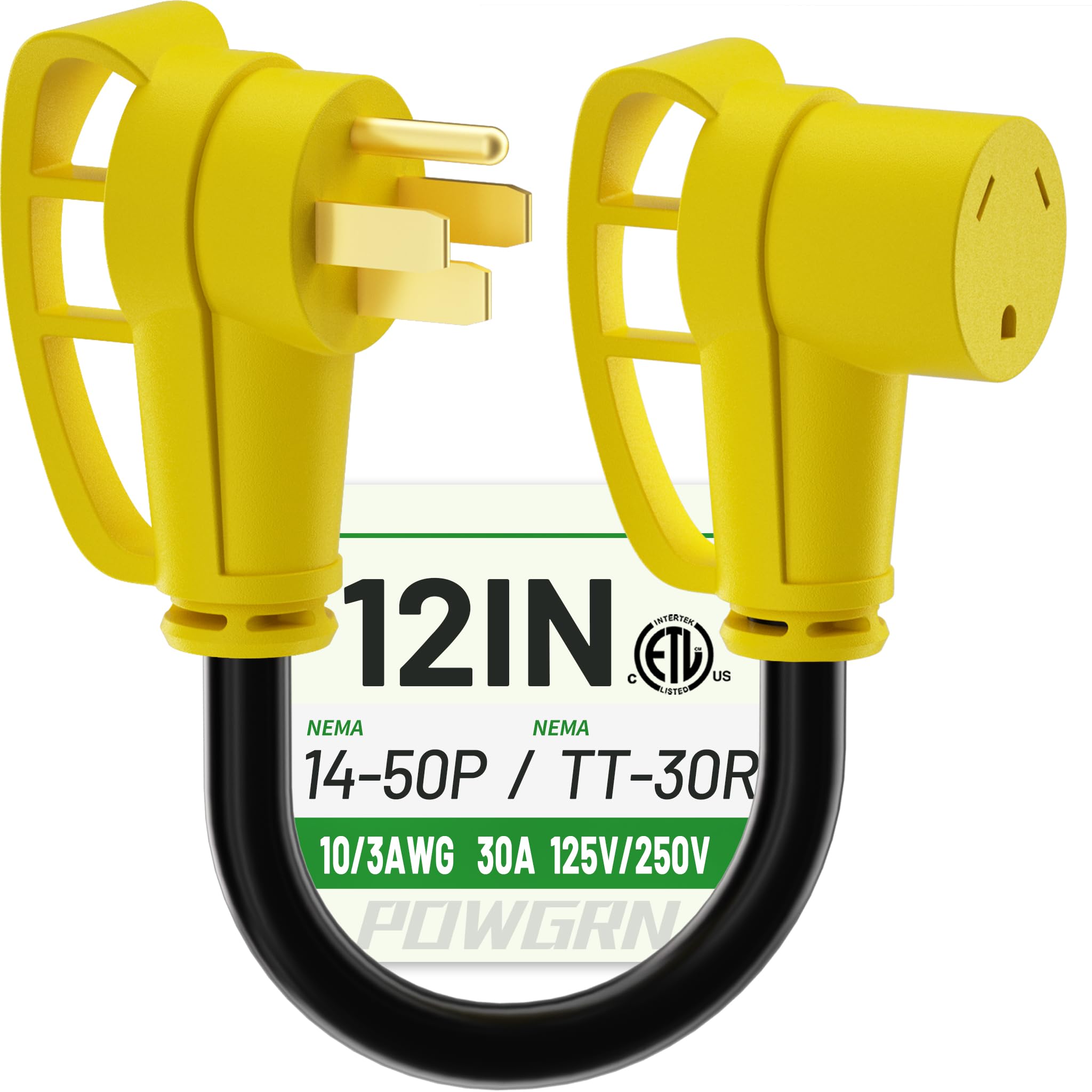 POWGRN 50 Amp auf 30 Amp RV Adapter 12 Zoll, Hochleistungs-Verlängerungskabel 10/3 Gauge RV Elektrischer Adapter, NEMA 14-50P Stecker auf NEMA TT-30R Buchse, STW 30AWG 30A 125V 3750W, Schwarz-Gelb, ETL-gelistet