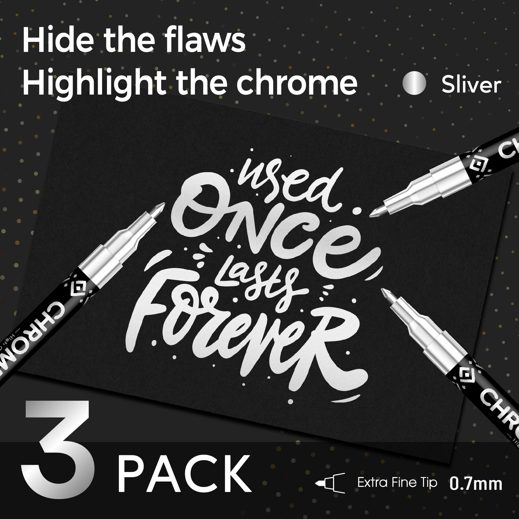 3Pcs Chrome Paint Markers, Silver Permanent Mirror Liquid Chrome Pens for Plastic, Metal, Model, Jewelry, Wheel Painting, Touch Up & Repair Kit, DIY Art Projects