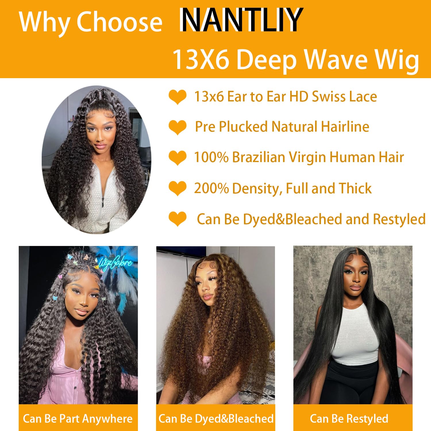 NANTLIY 30Inch Deep Wave Lace Front Wigs Human Hair 13x6 Lace Front Wigs Human Hair Pre Plucked 200% Density for Women Deep Curly Glueless Wigs Human Hair Pre Plucked with Baby Hair