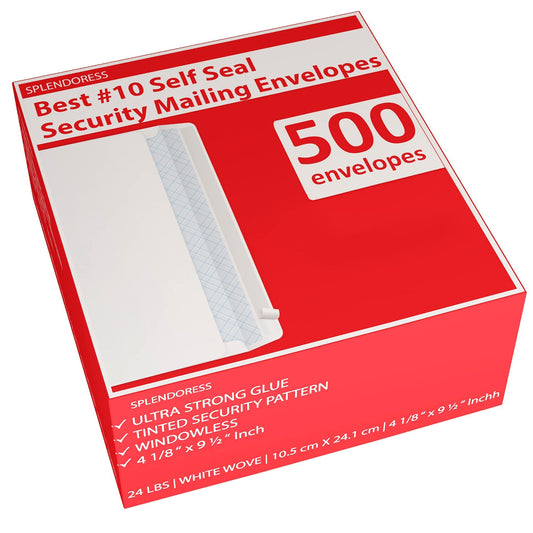 #10 Envelopes Letter Size Self Seal, Business White Security Tinted Peel and Seal, 500 Pack Windowless, Legal Size Regular Plain Envelopes 4-1/8 x 9-1/2 Inches - 24 LB Envelops