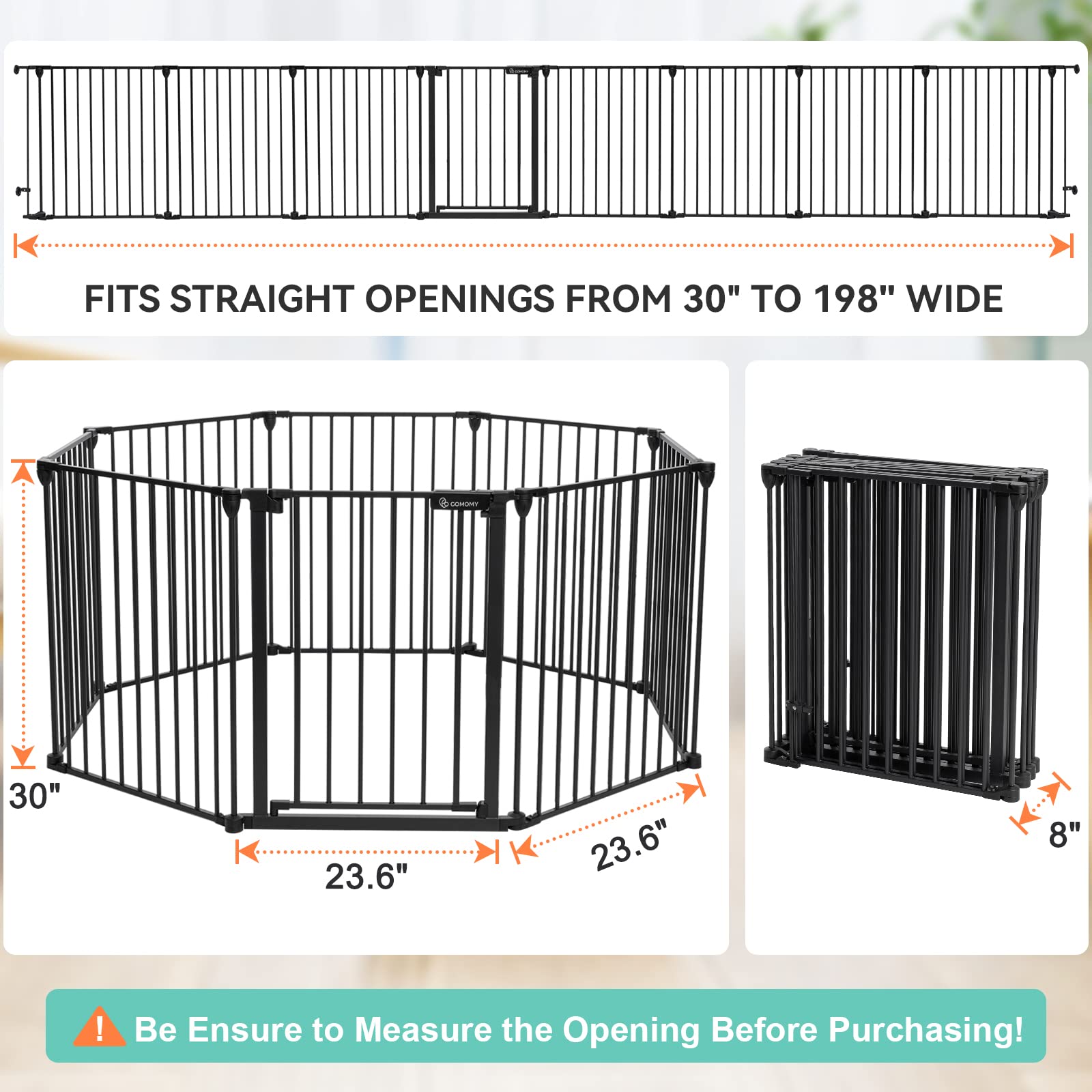 COMOMY 198" Baby Gate Extra Wide, Dog Gate Pet Gate for House Stairs Doorways Fireplace, 3 in 1 Play Yard Child Safety Gate, Auto Close, Hardware Mounted (30" Tall, Black)