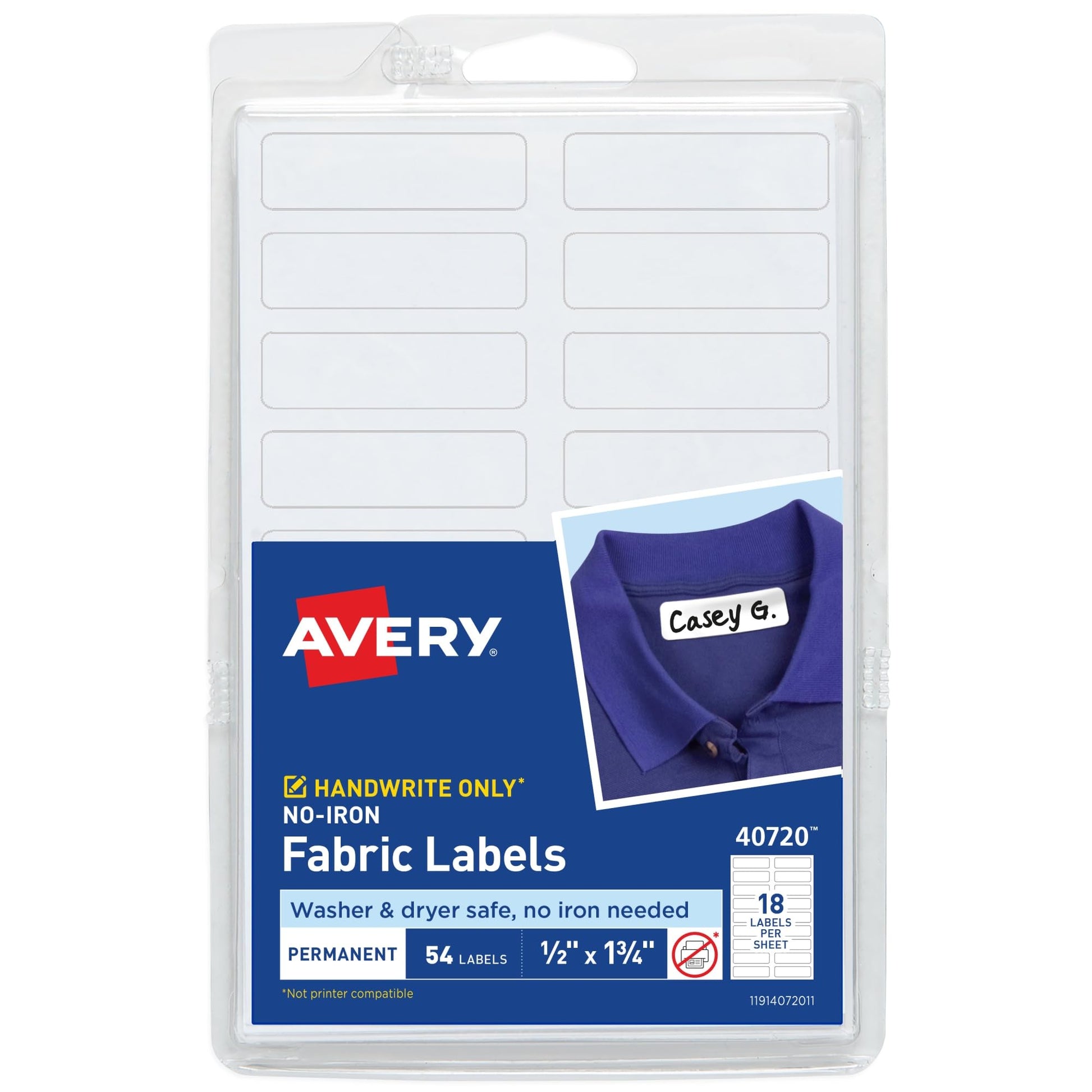 Avery No-Iron Fabric Labels, 1/2" x 1-3/4", Washer and Dryer-Safe Waterproof Labels, Non-Printable, 54 Total (40720)